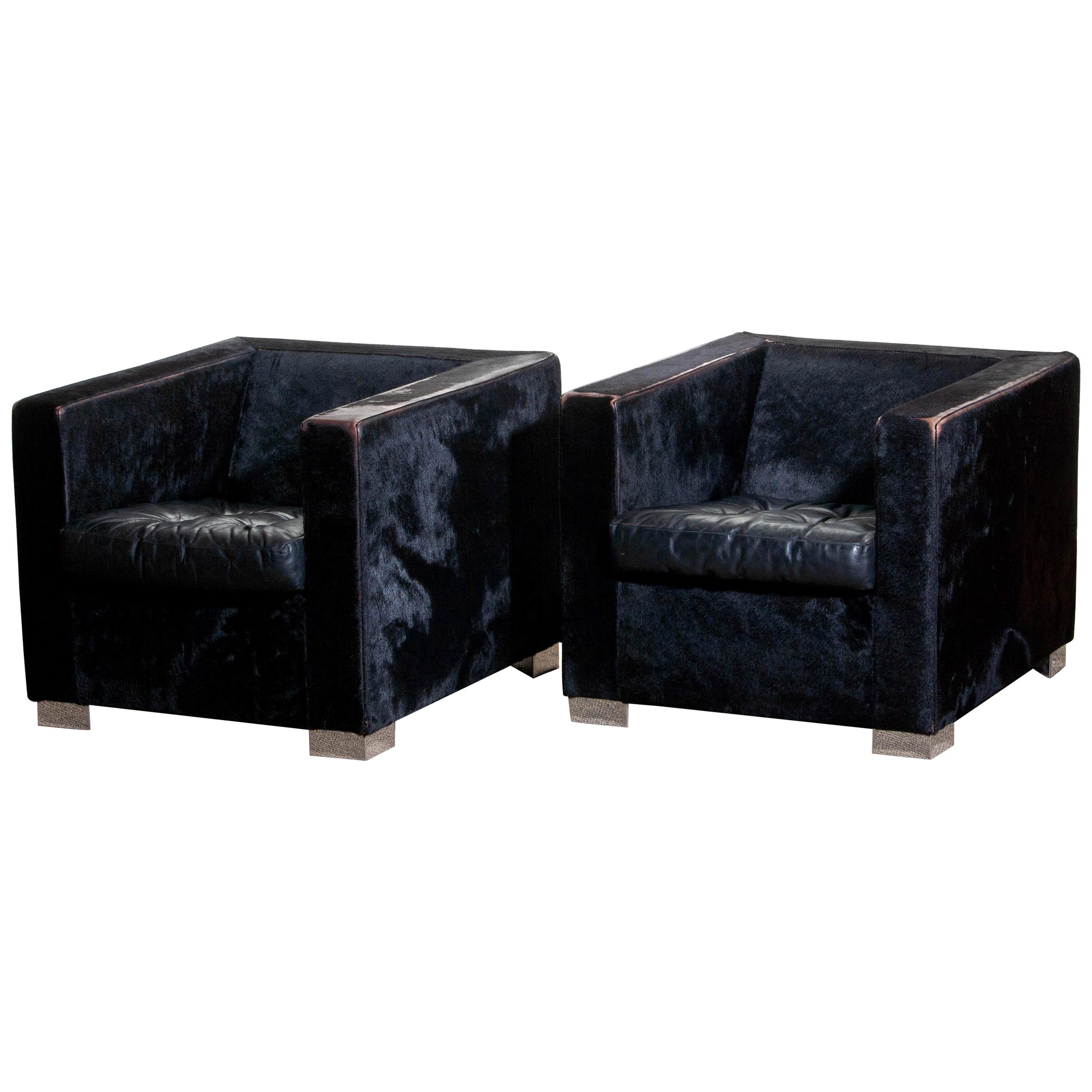 Mid-Century Modern 1990s Pair of Black Rodolfo Dordoni for Minotti Club Chairs in Pony and Leather