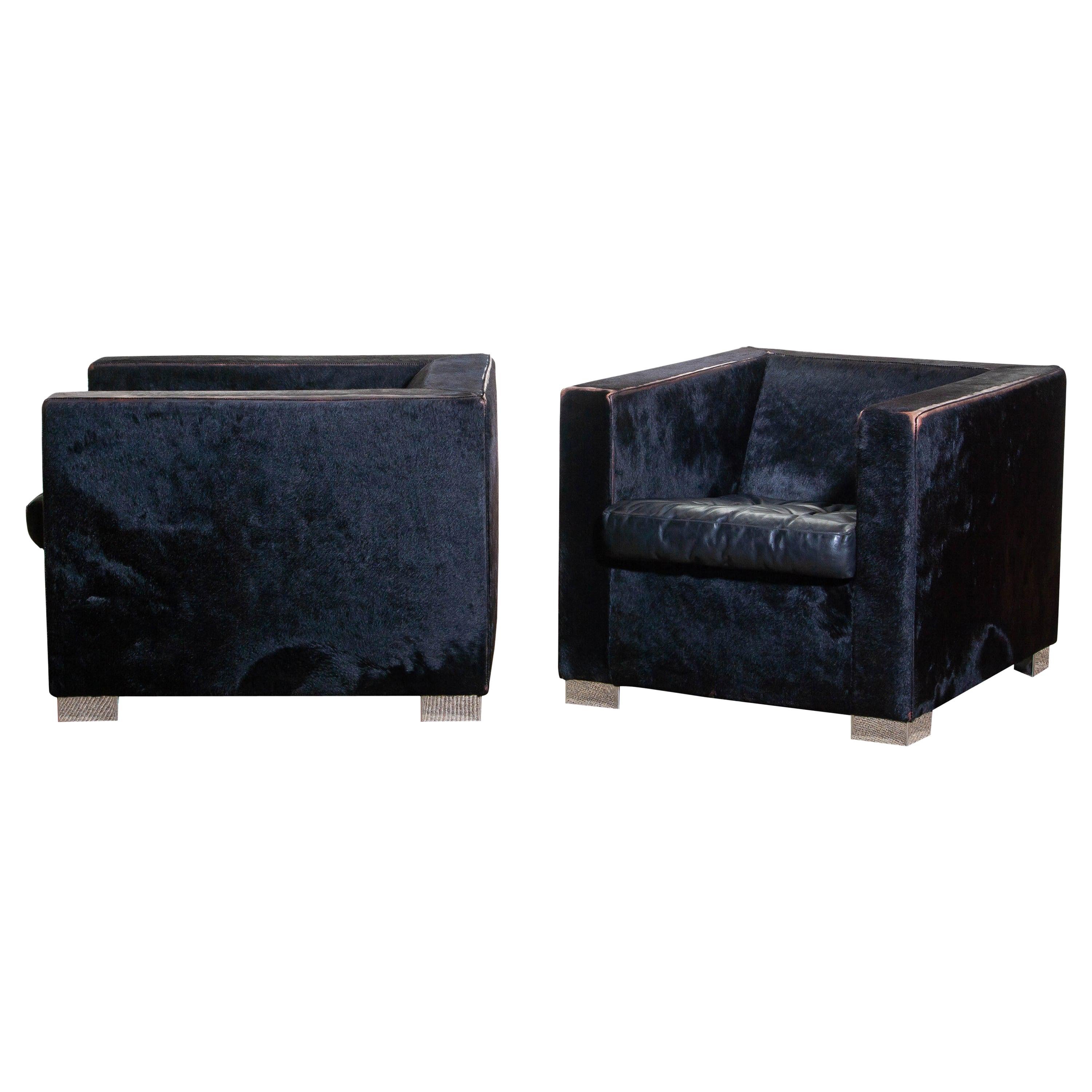 Mid-Century Modern 1990s Pair of Black Rodolfo Dordoni for Minotti Club Chairs in Pony and Leather