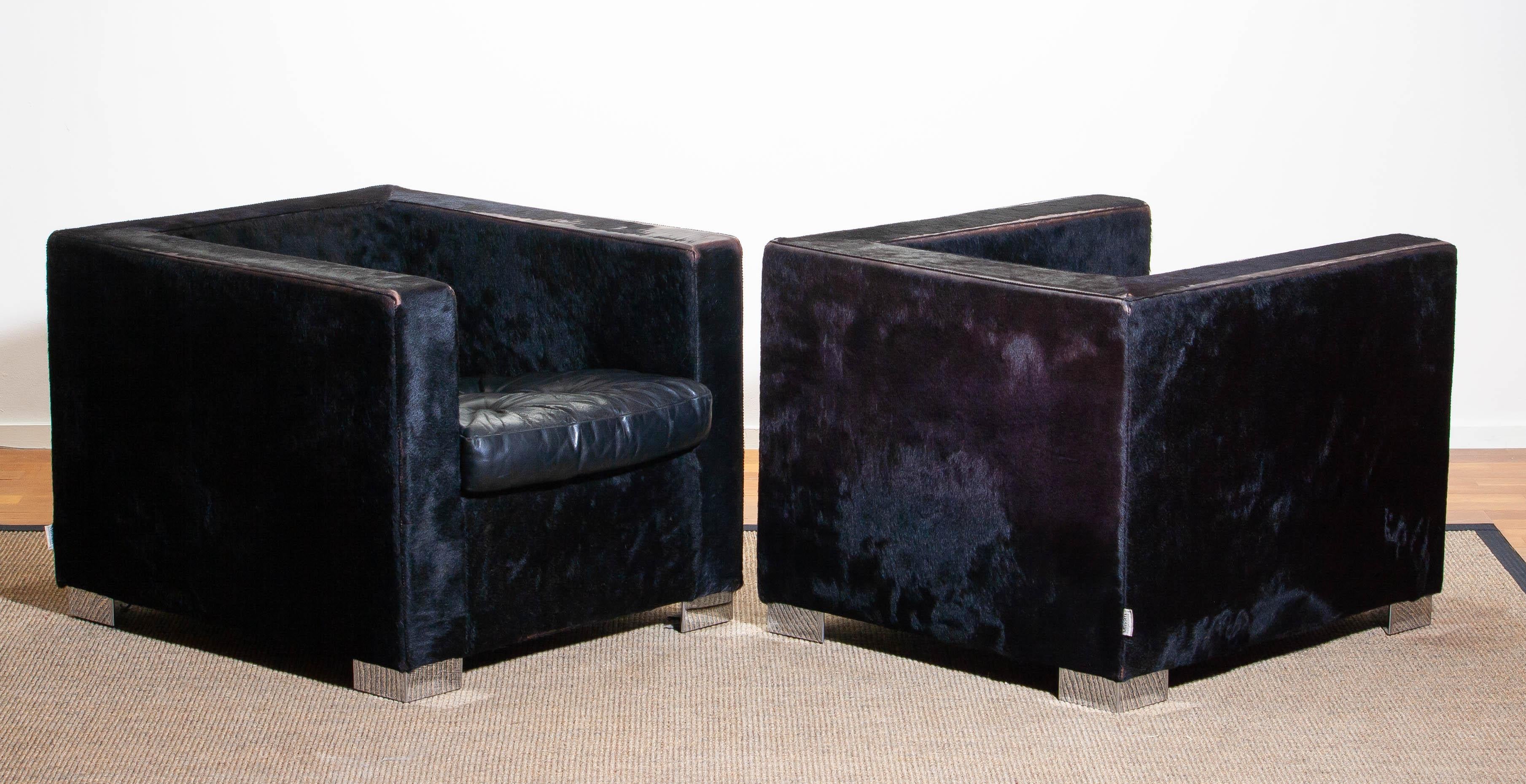Italian 1990s Pair of Black Rodolfo Dordoni for Minotti Club Chairs in Pony and Leather