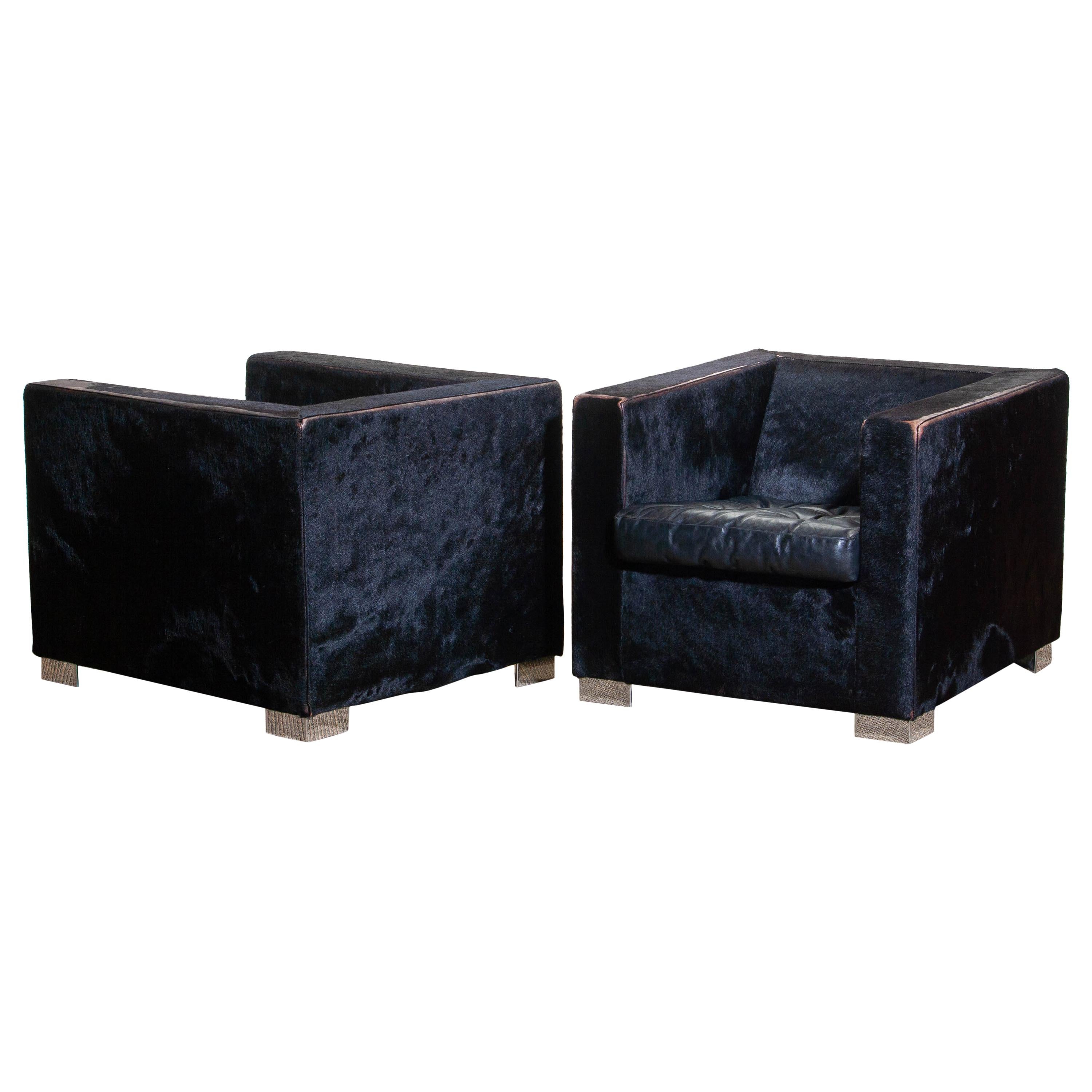 1990s Pair of Black Rodolfo Dordoni for Minotti Club Chairs in Pony and Leather In Good Condition In Silvolde, Gelderland