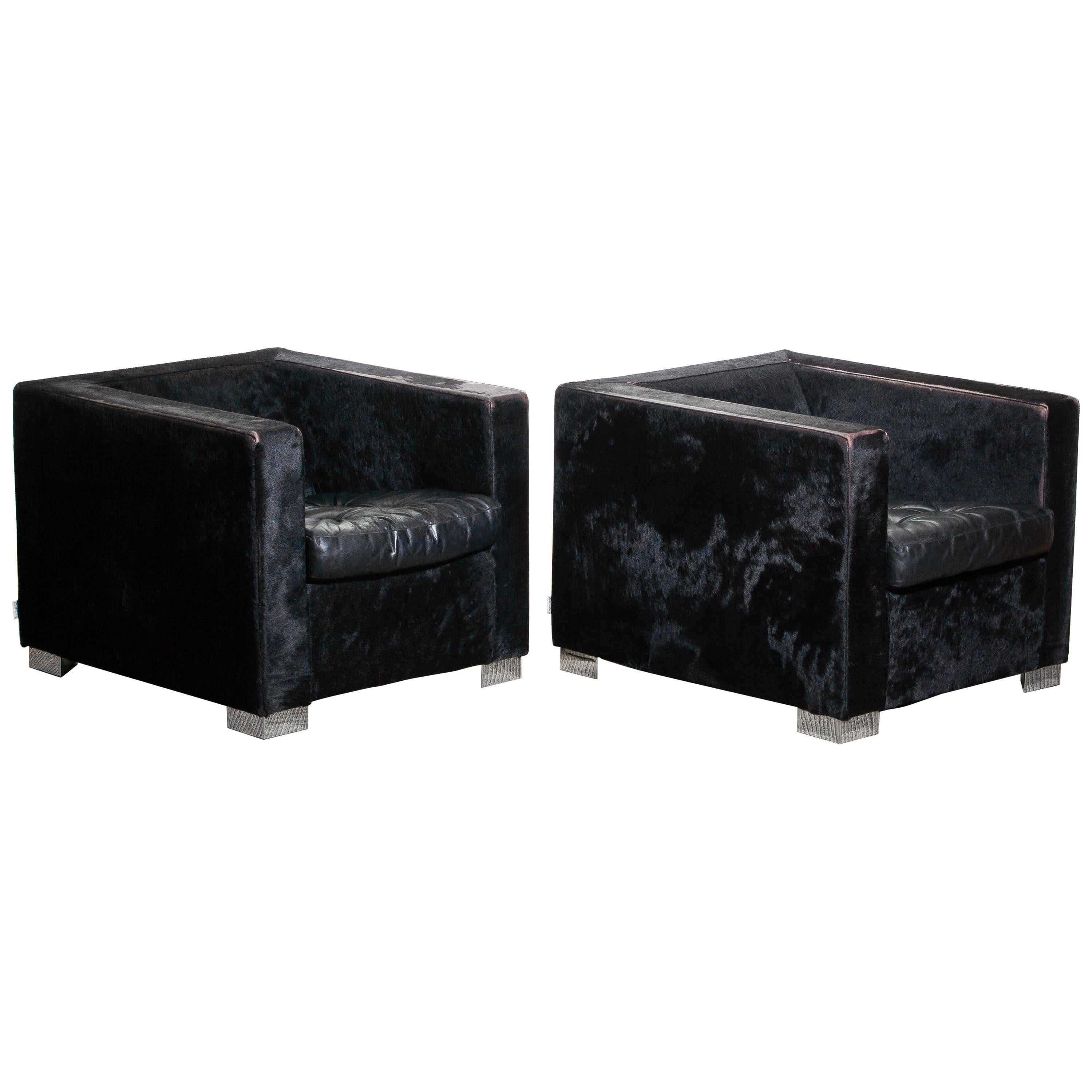 Late 20th Century 1990s Pair of Black Rodolfo Dordoni for Minotti Club Chairs in Pony and Leather
