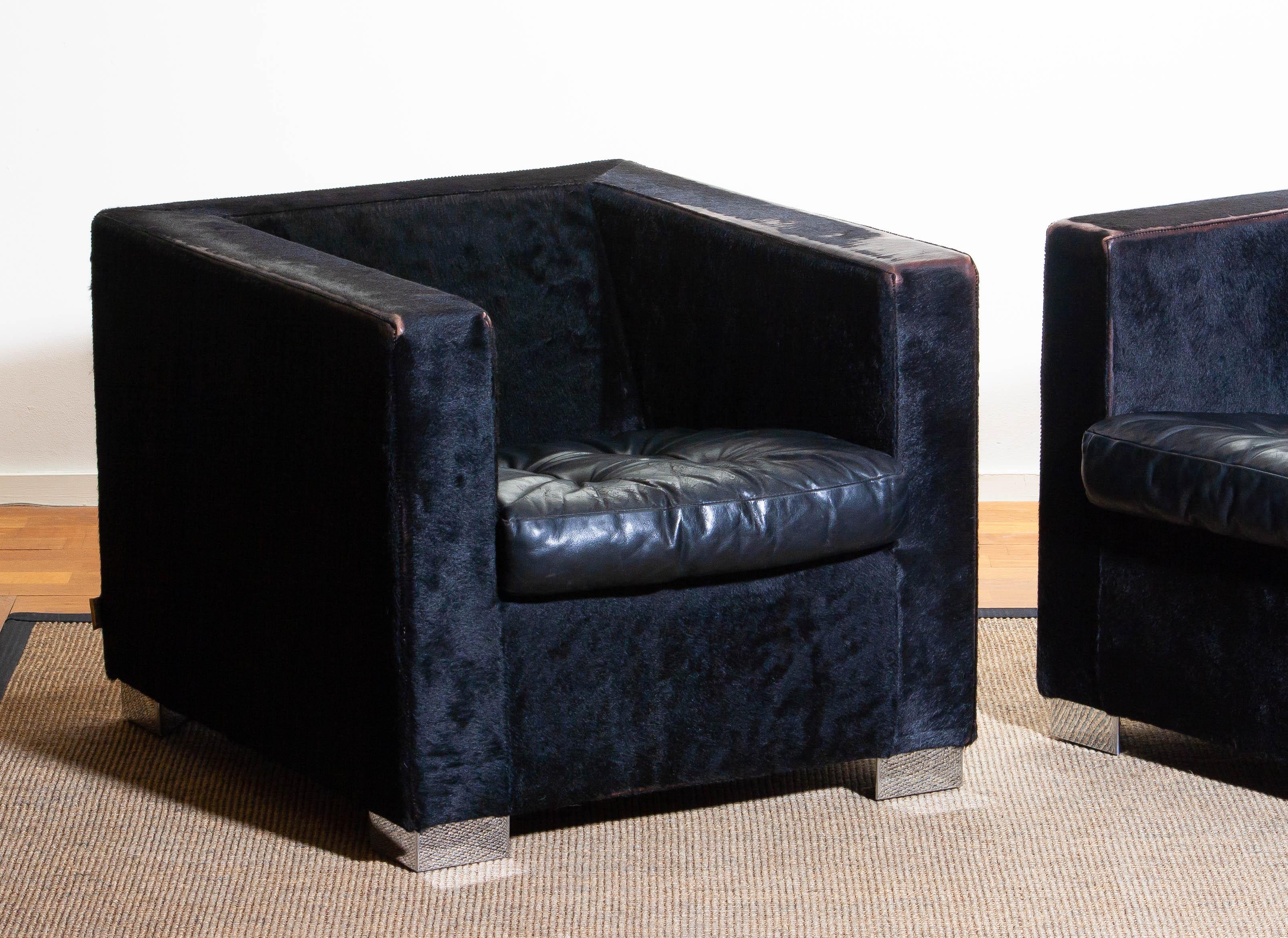 Fur 1990s Pair of Black Rodolfo Dordoni for Minotti Club Chairs in Pony and Leather