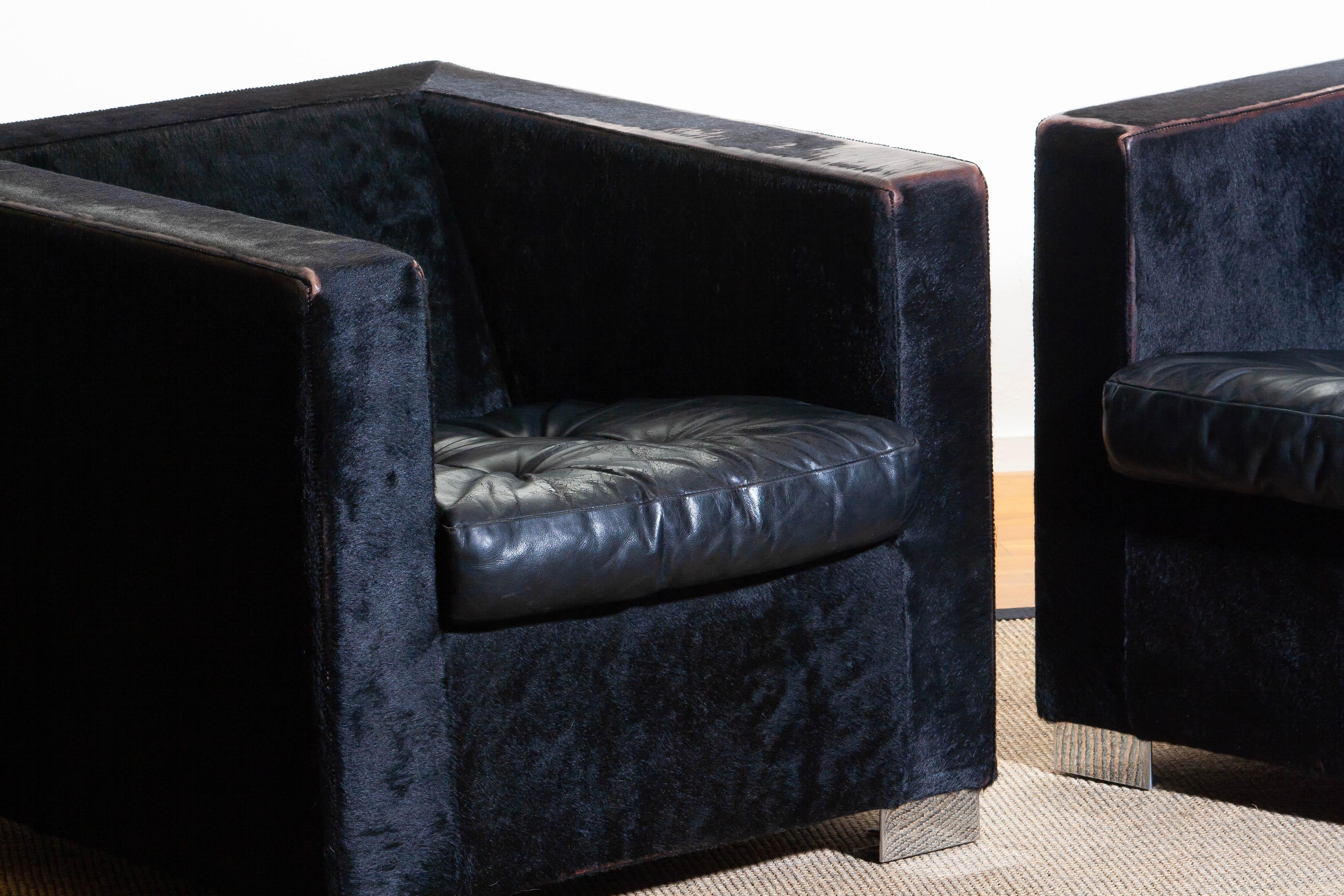 1990s Pair of Black Rodolfo Dordoni for Minotti Club Chairs in Pony and Leather 2