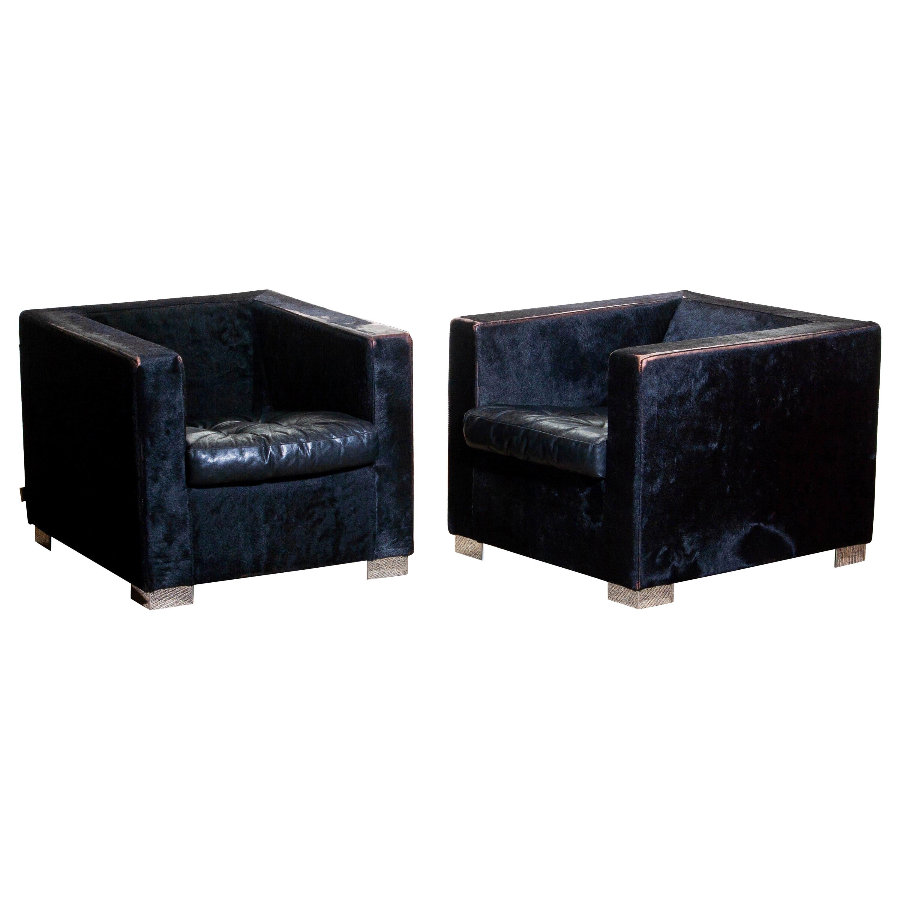 1990s Pair of Black Rodolfo Dordoni for Minotti Club Chairs in Pony and Leather