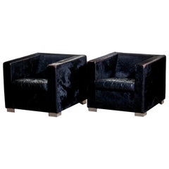1990s Pair of Black Rodolfo Dordoni for Minotti Club Chairs in Pony and Leather