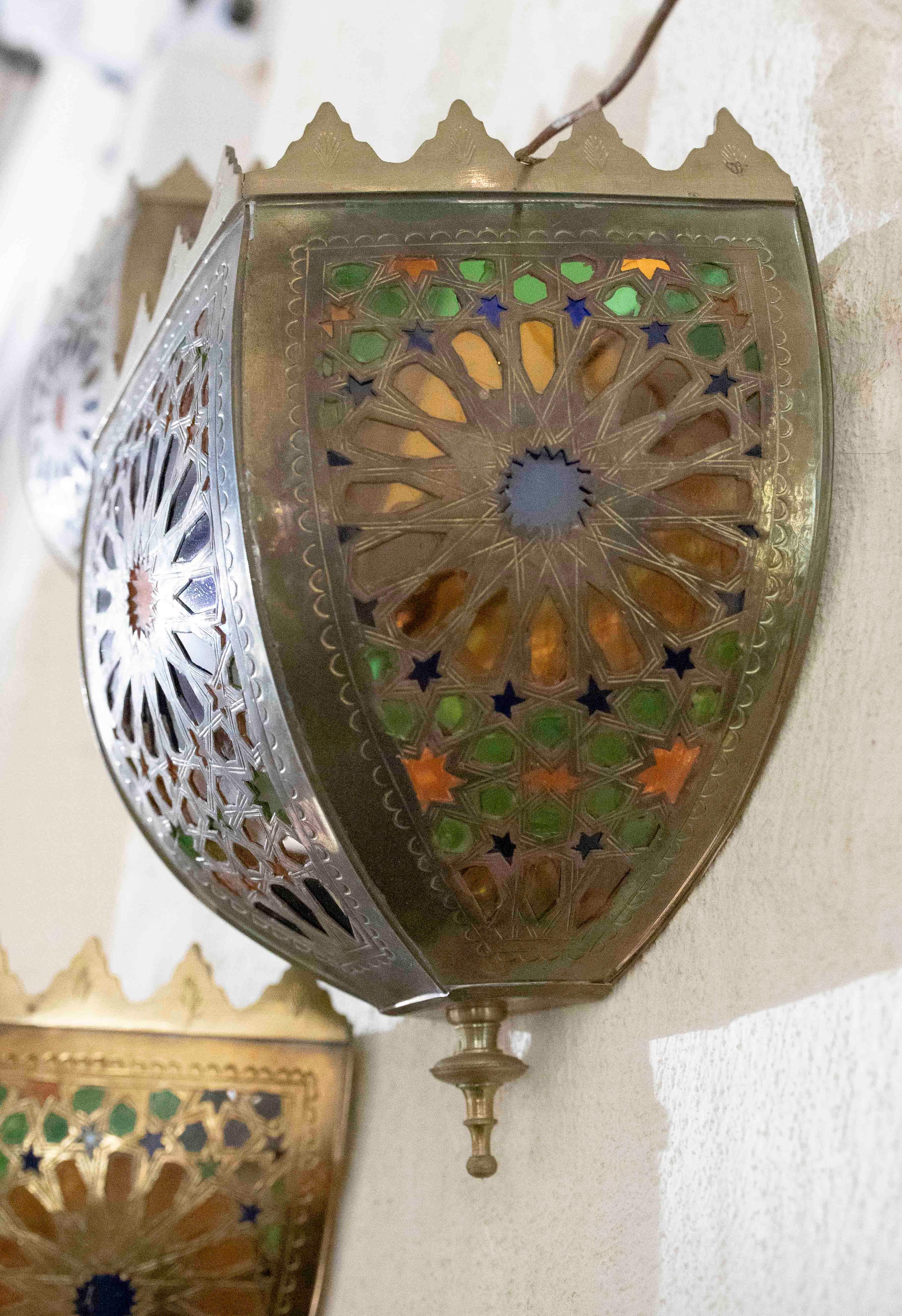 1990s Pair of Brass Wall Sconces with Stained Glass 6
