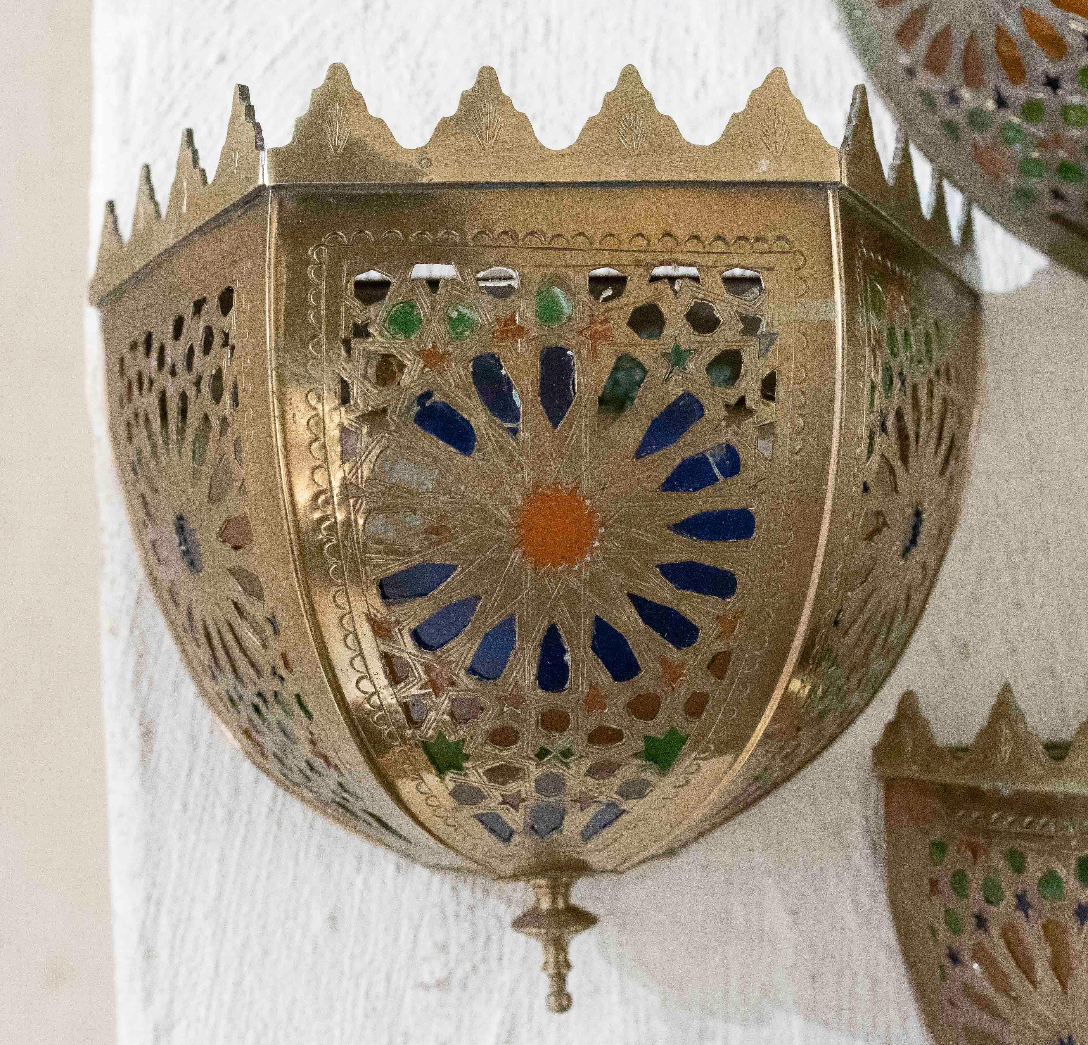 1990s Pair of Brass Wall Sconces with Stained Glass 7