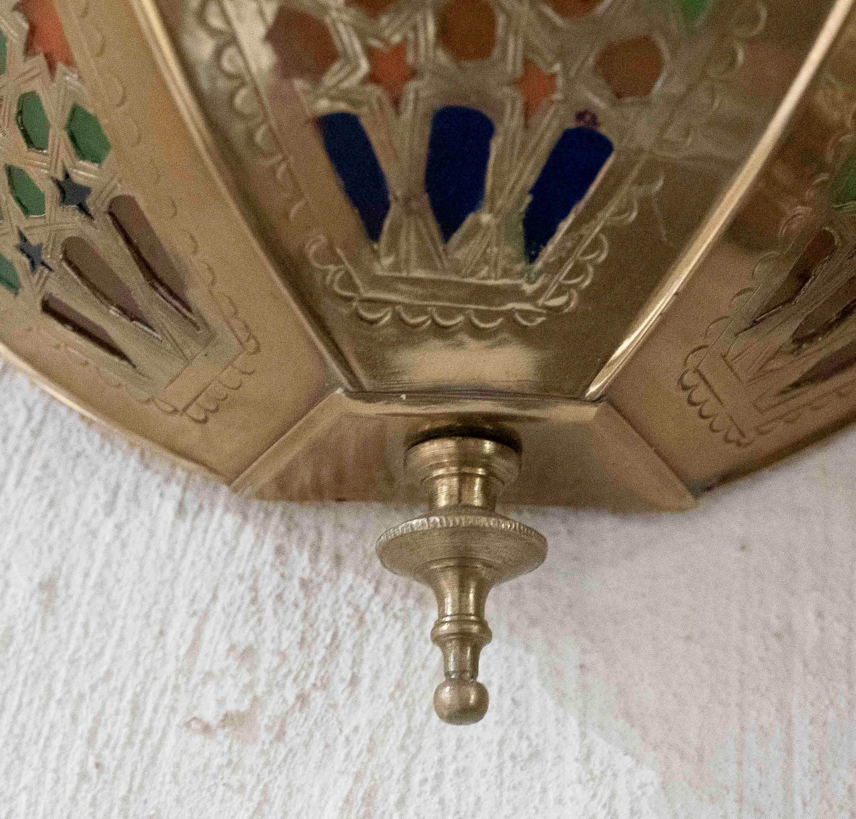 Moroccan 1990s Pair of Brass Wall Sconces with Stained Glass