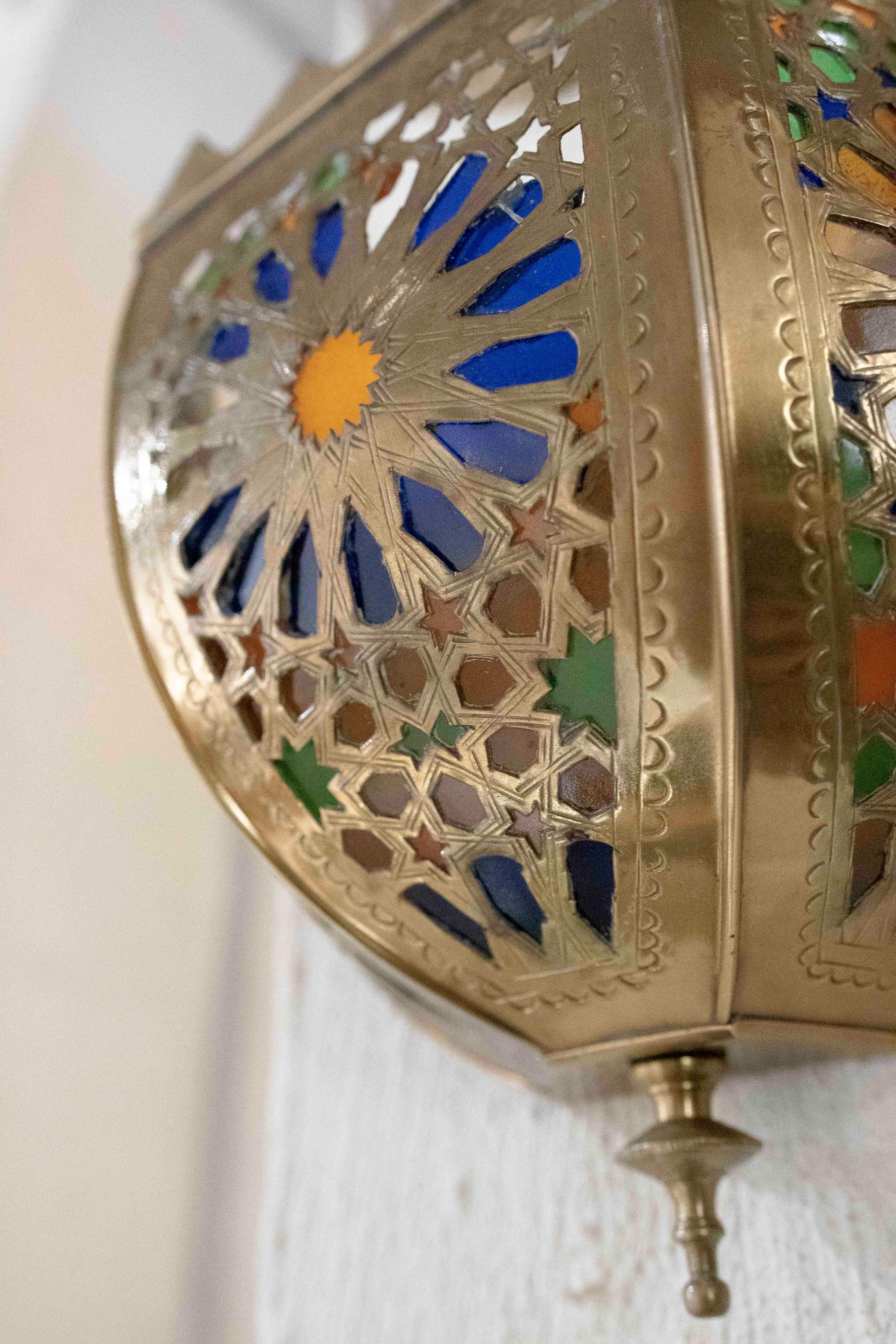 1990s Pair of Brass Wall Sconces with Stained Glass 3