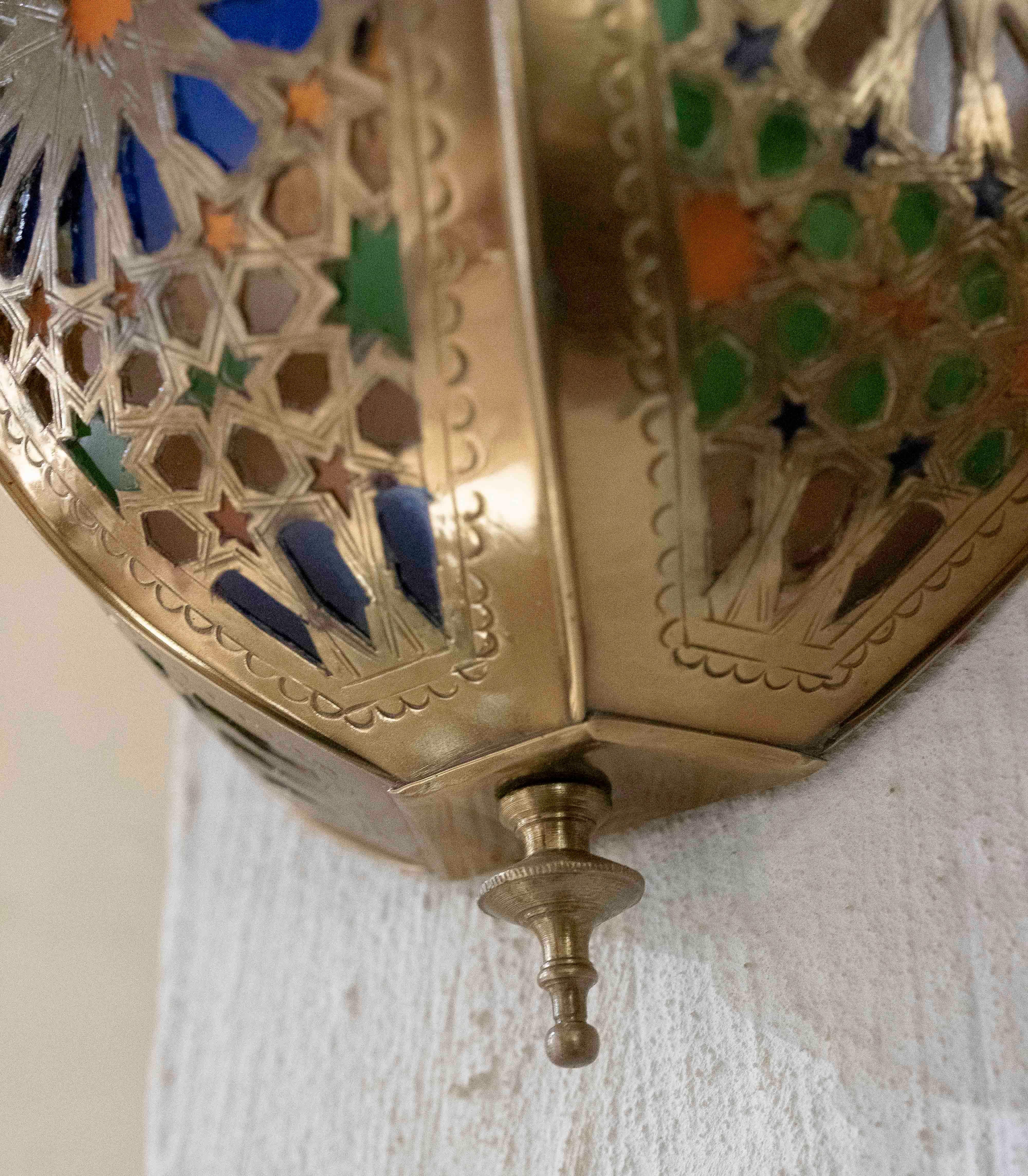 1990s Pair of Brass Wall Sconces with Stained Glass 4