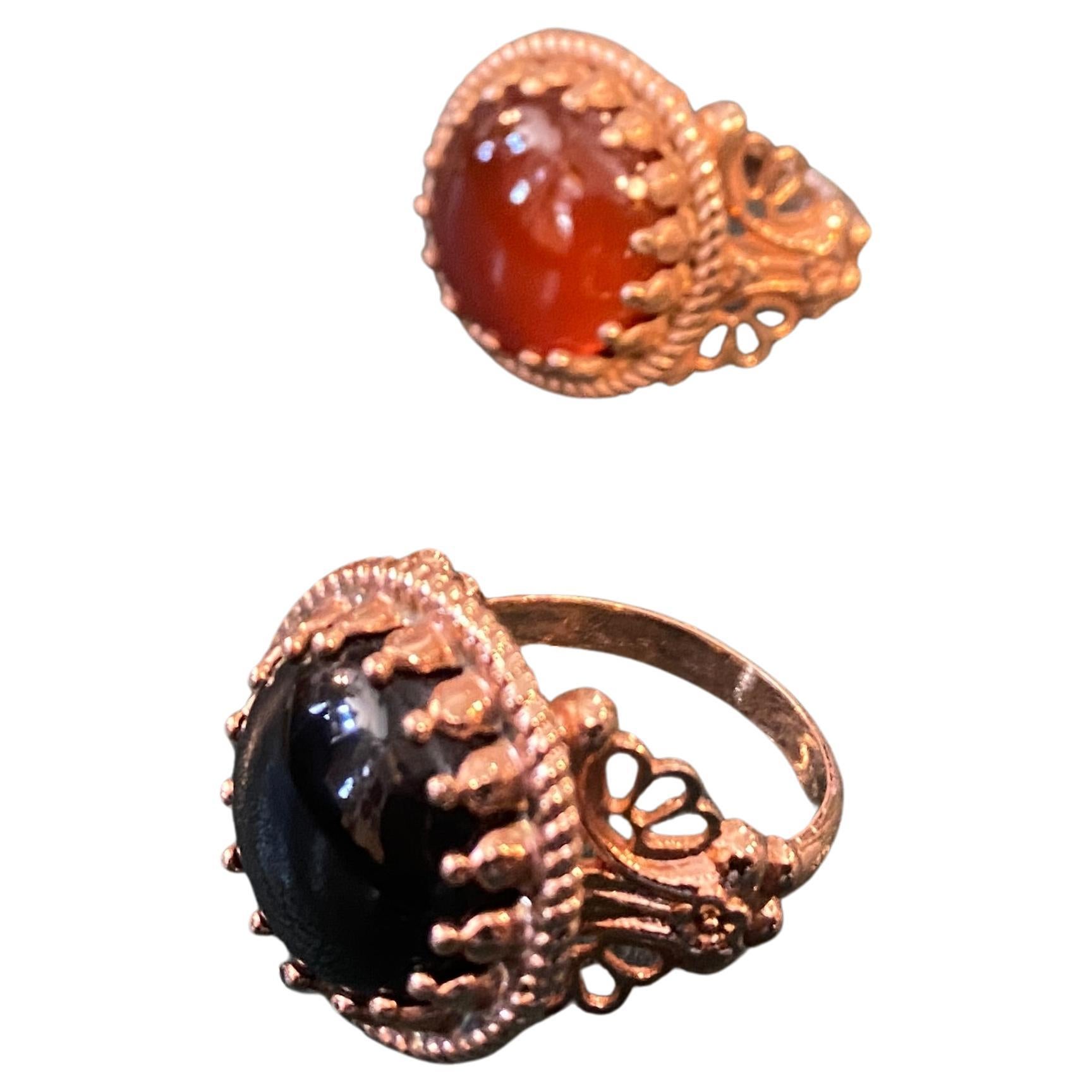 1990s Pair of  Bronze Onyx and Carnelian Italian Cocktail Rings by Anomis For Sale