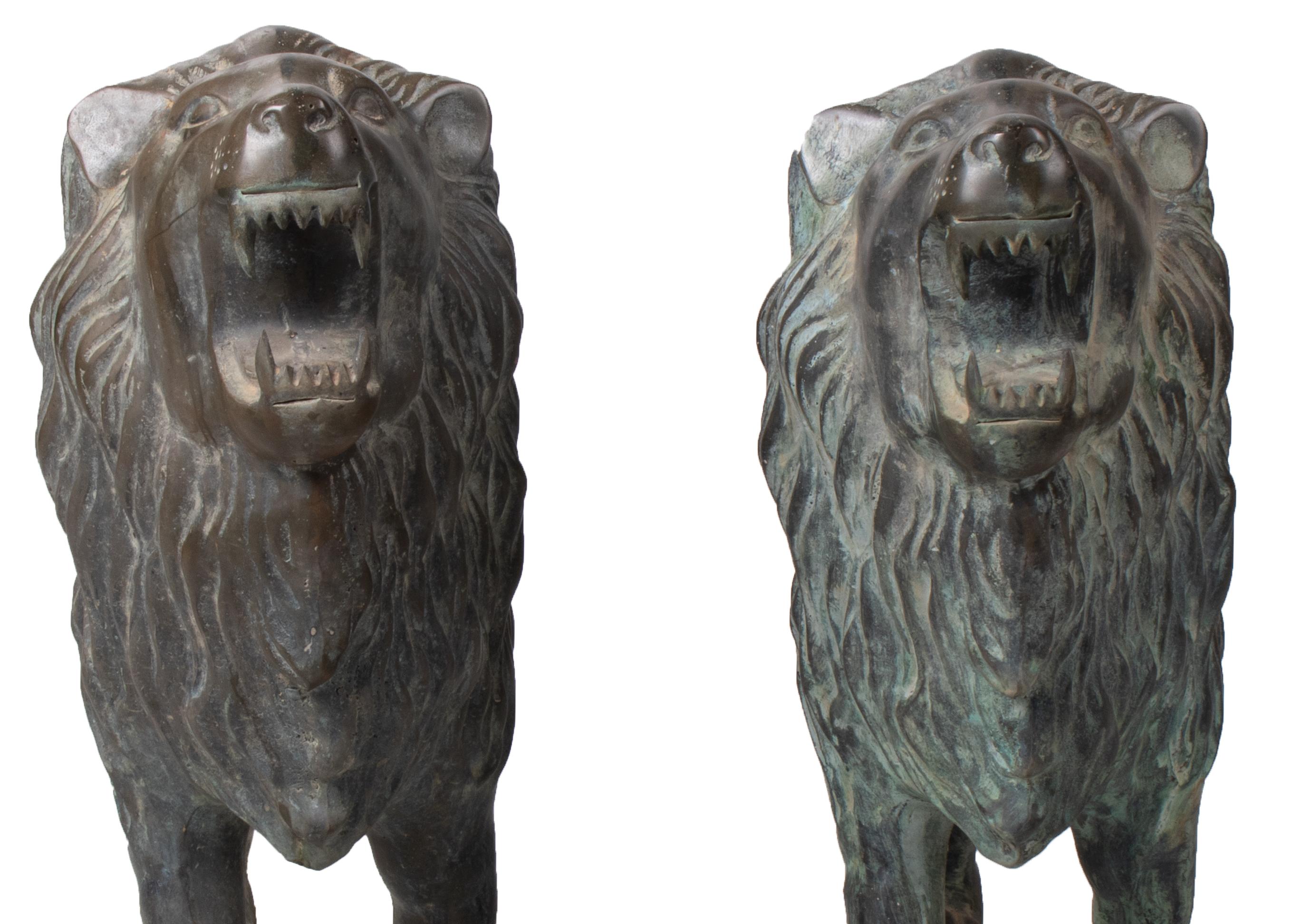 1990s Pair of Bronze Standing Lions with Open Mouths For Sale 2