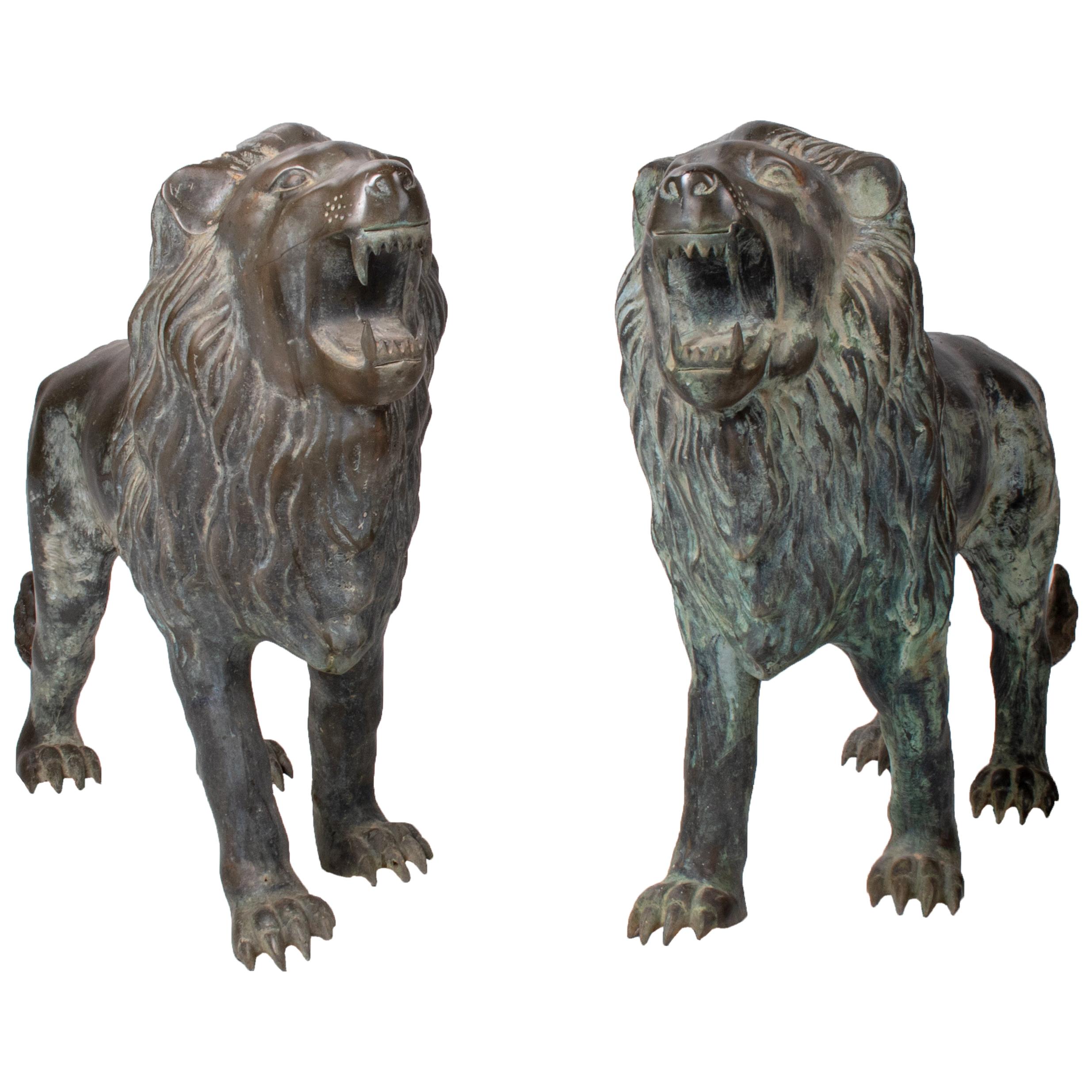 1990s Pair of Bronze Standing Lions with Open Mouths For Sale