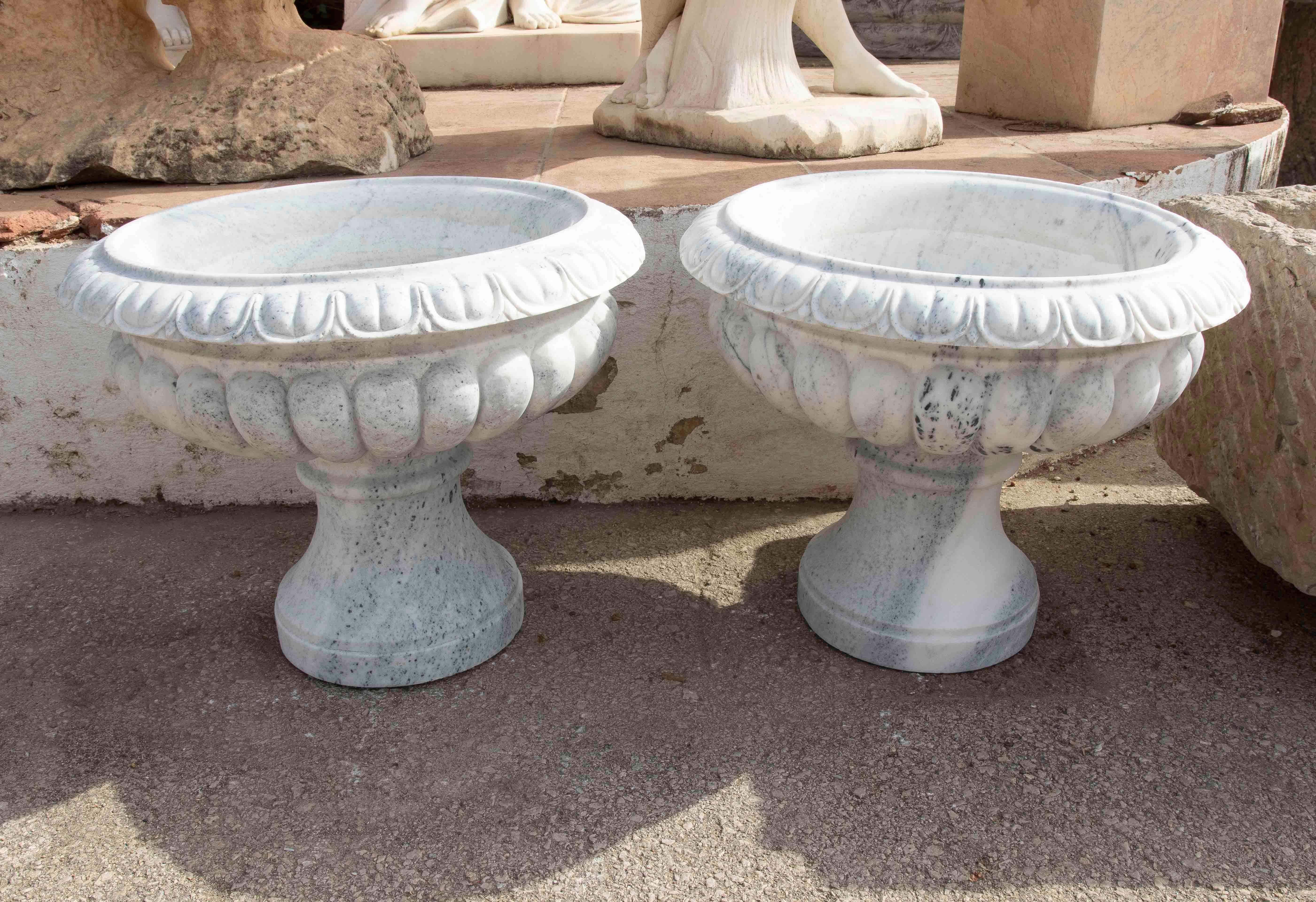Une élégante paire de gobelets en marbre blanc de haute qualité, sculptés de délicates rainures le long du contour supérieur et d'un corps arrondi reposant sur une solide base circulaire. Leur design classique, inspiré de la tradition gréco-romaine,