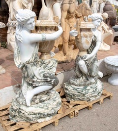 1990s Pair of Classical Marble Sculptures of Women with Ornamental Urns