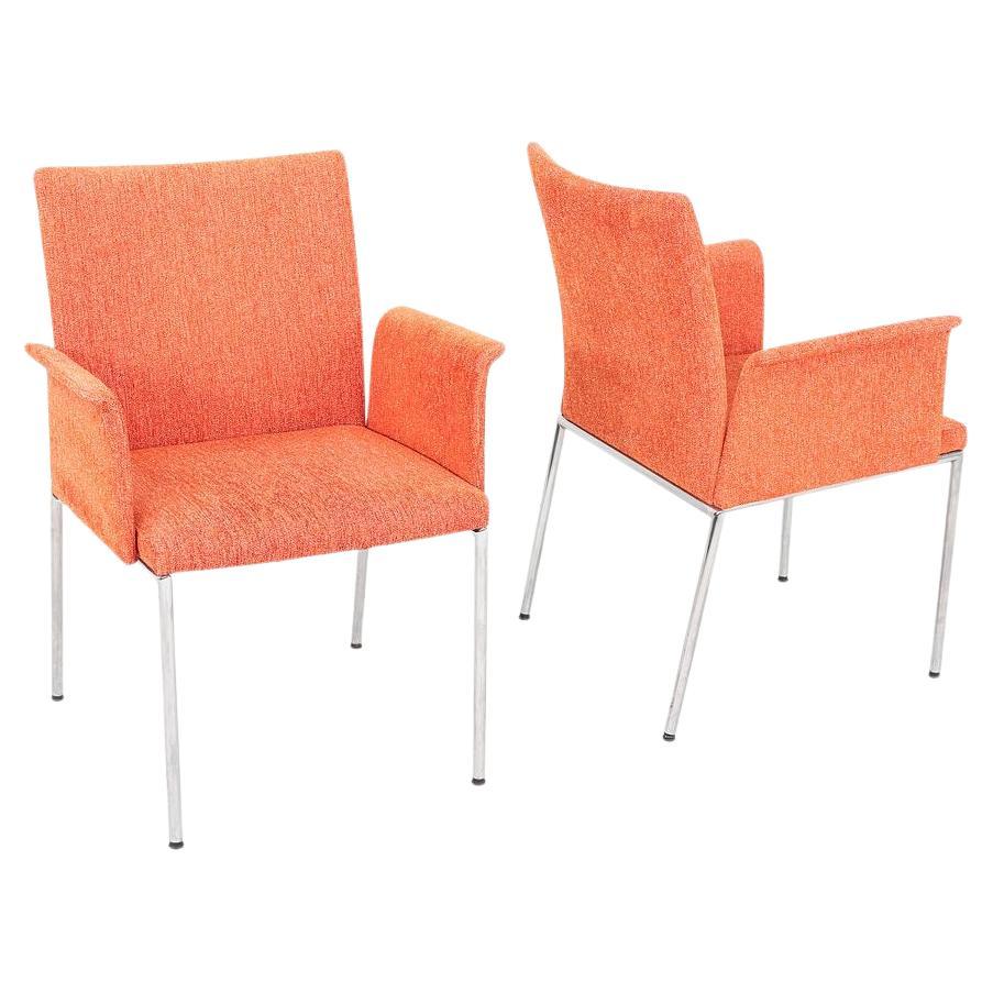 1990s Pair of Davis Orange Fabric Dining Arm Chairs with Chrome Legs