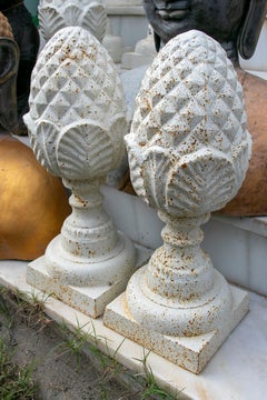 1990s Pair of Decorative White Iron Pineapples for the Garden