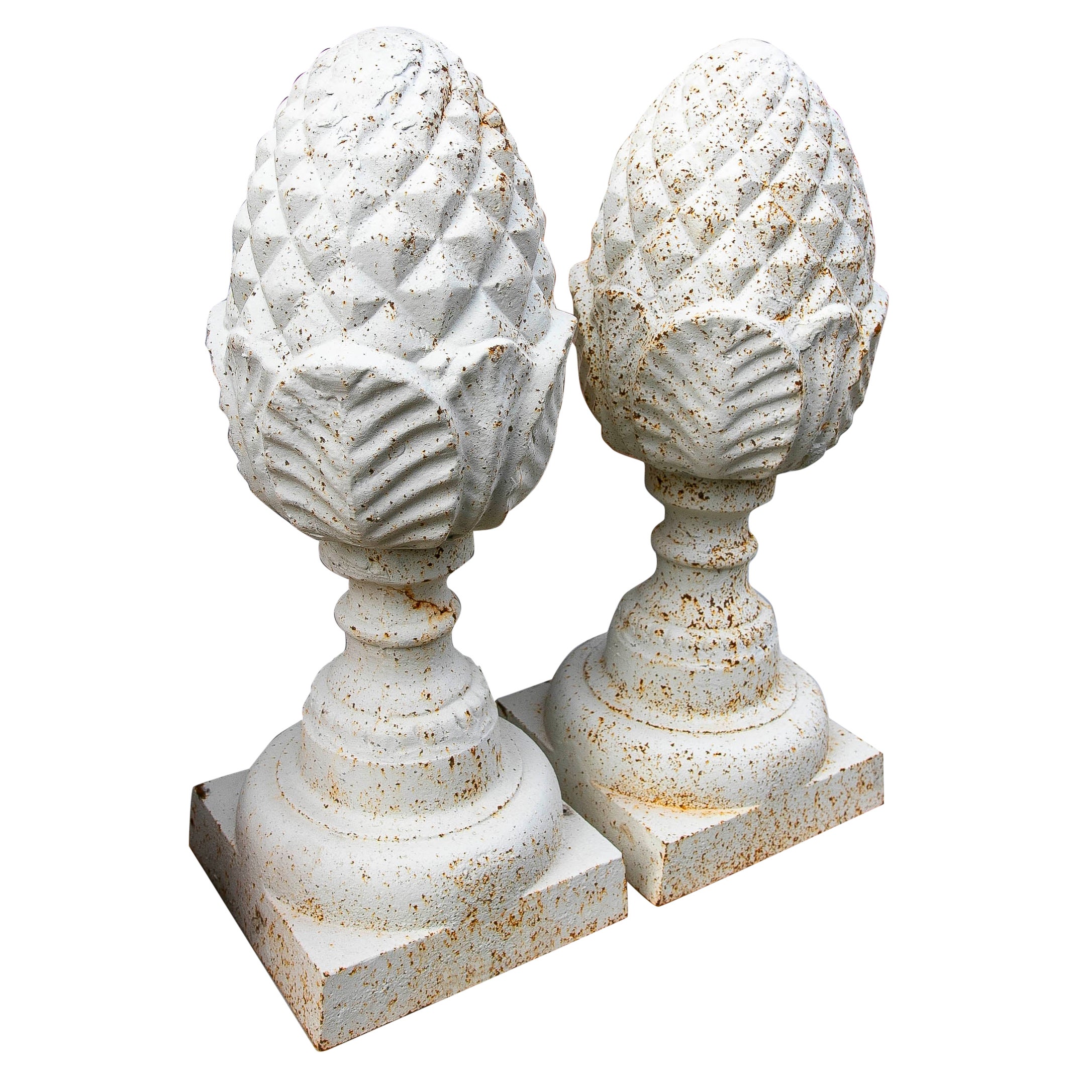 1990s Pair of Decorative White Iron Pineapples for the Garden