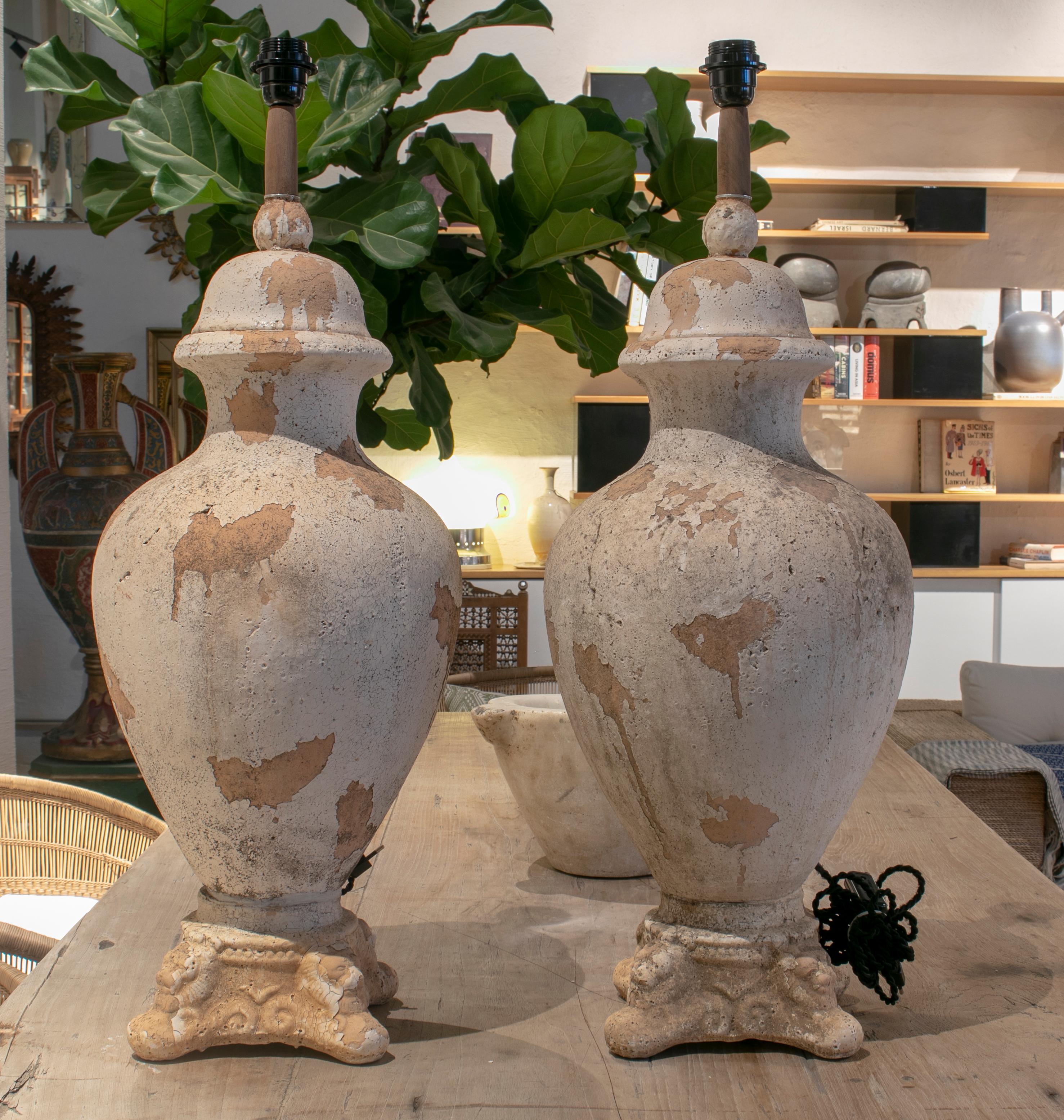 1990s pair of French terracotta table lamps.