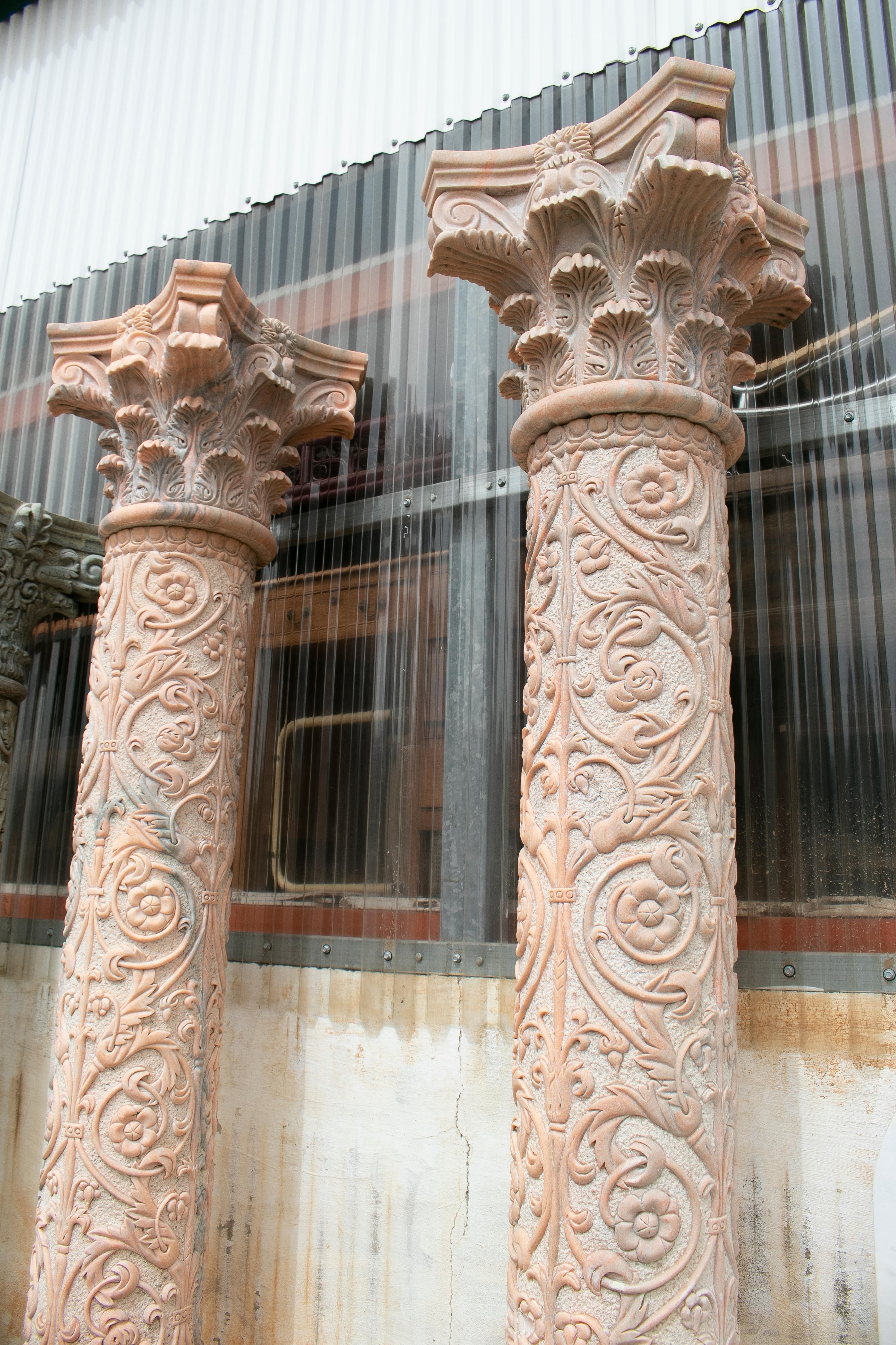 European 1990s Pair of Hand Carved Rosetta Marble Corinthian Columns