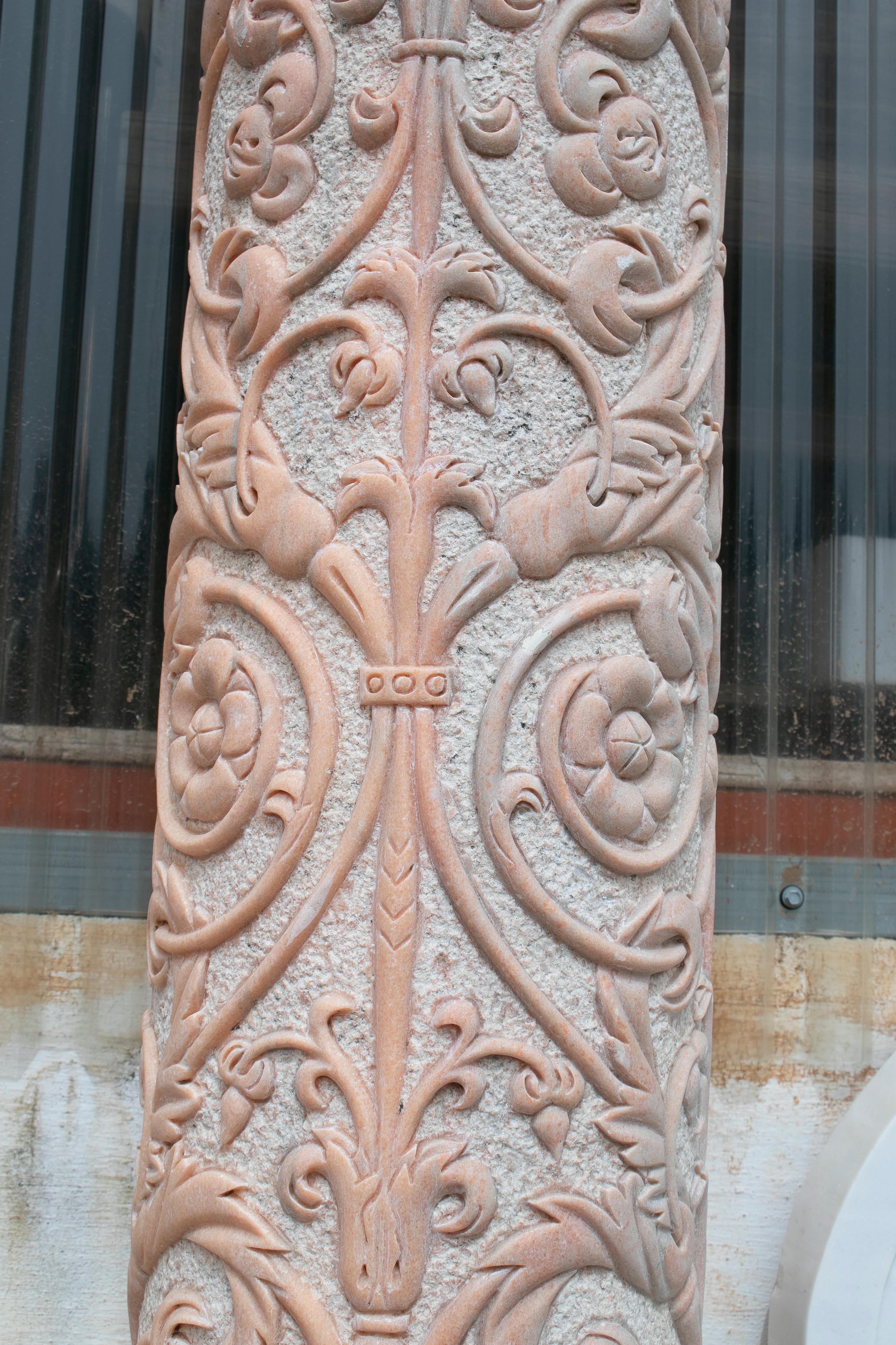 1990s Pair of Hand Carved Rosetta Marble Corinthian Columns 3