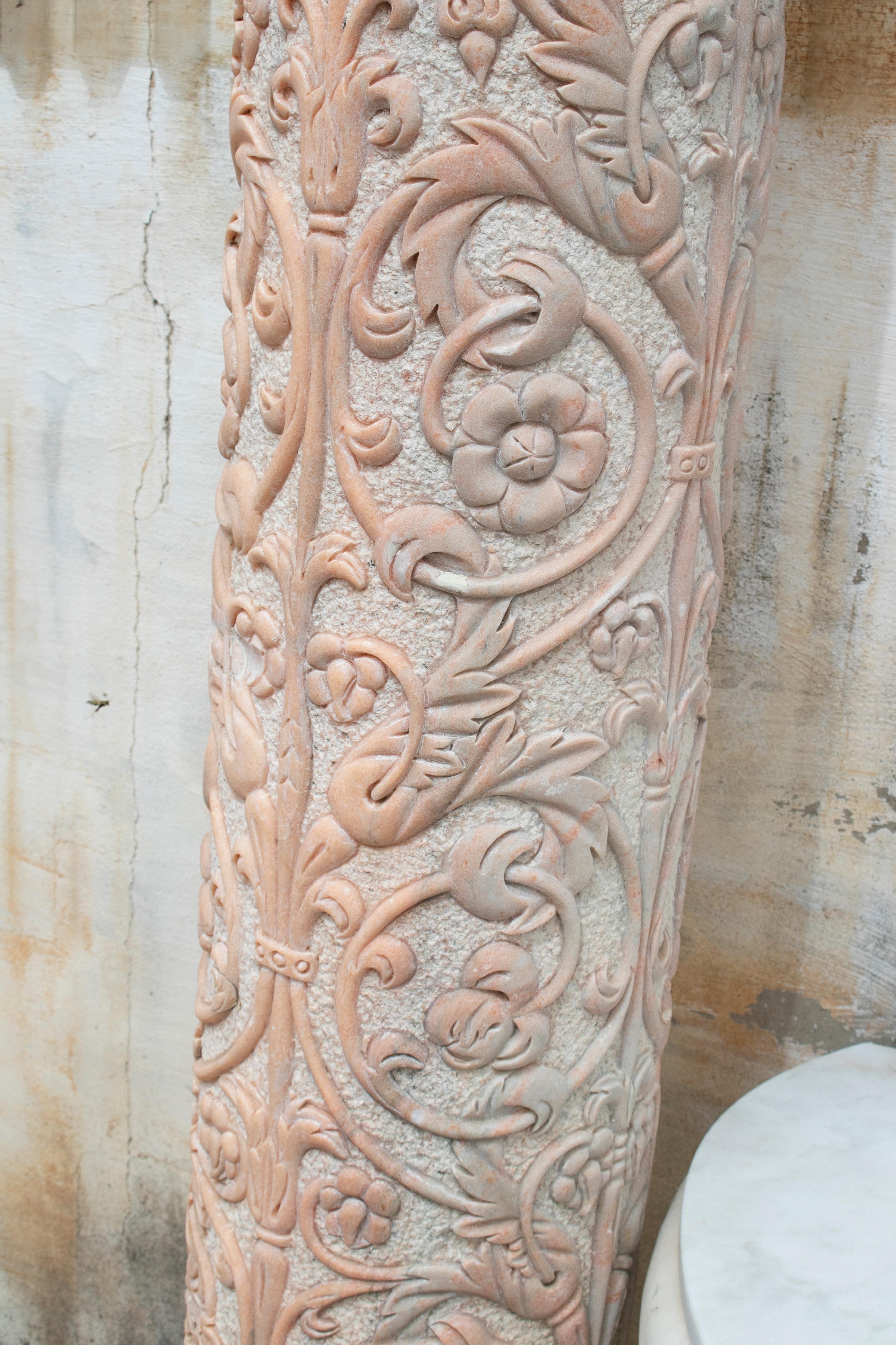 1990s Pair of Hand Carved Rosetta Marble Corinthian Columns 4