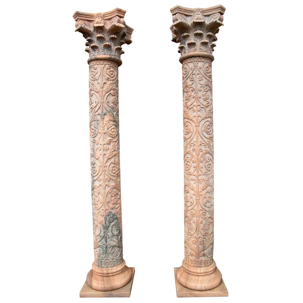 1990s Pair of Hand Carved Rosetta Marble Corinthian Columns