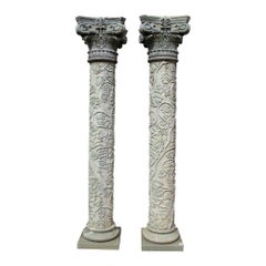 1990s Pair of Hand Carved Serpentine Green Marble Corinthian Columns