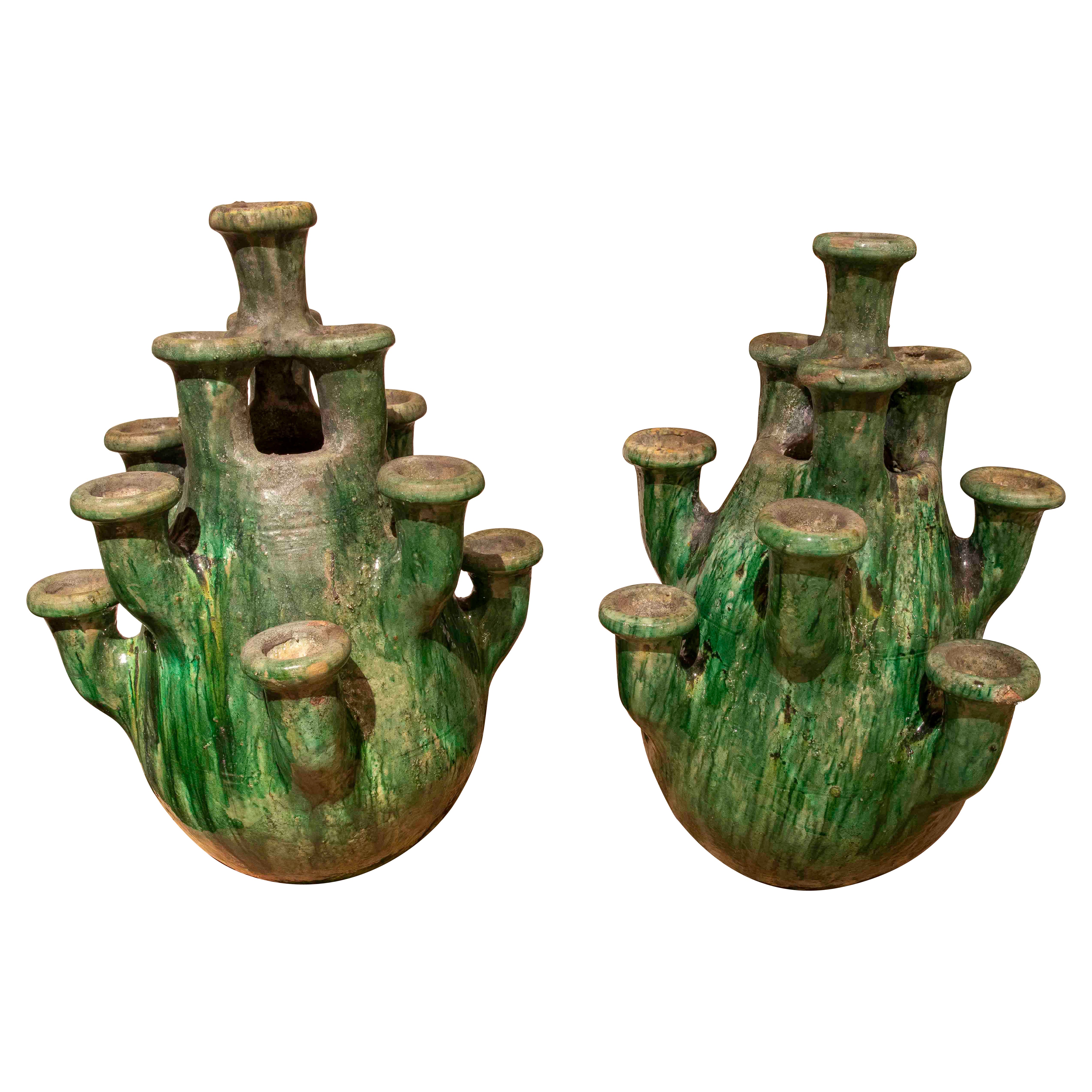 1990 Paire de vases artisanaux émaillés dans les tons de vert