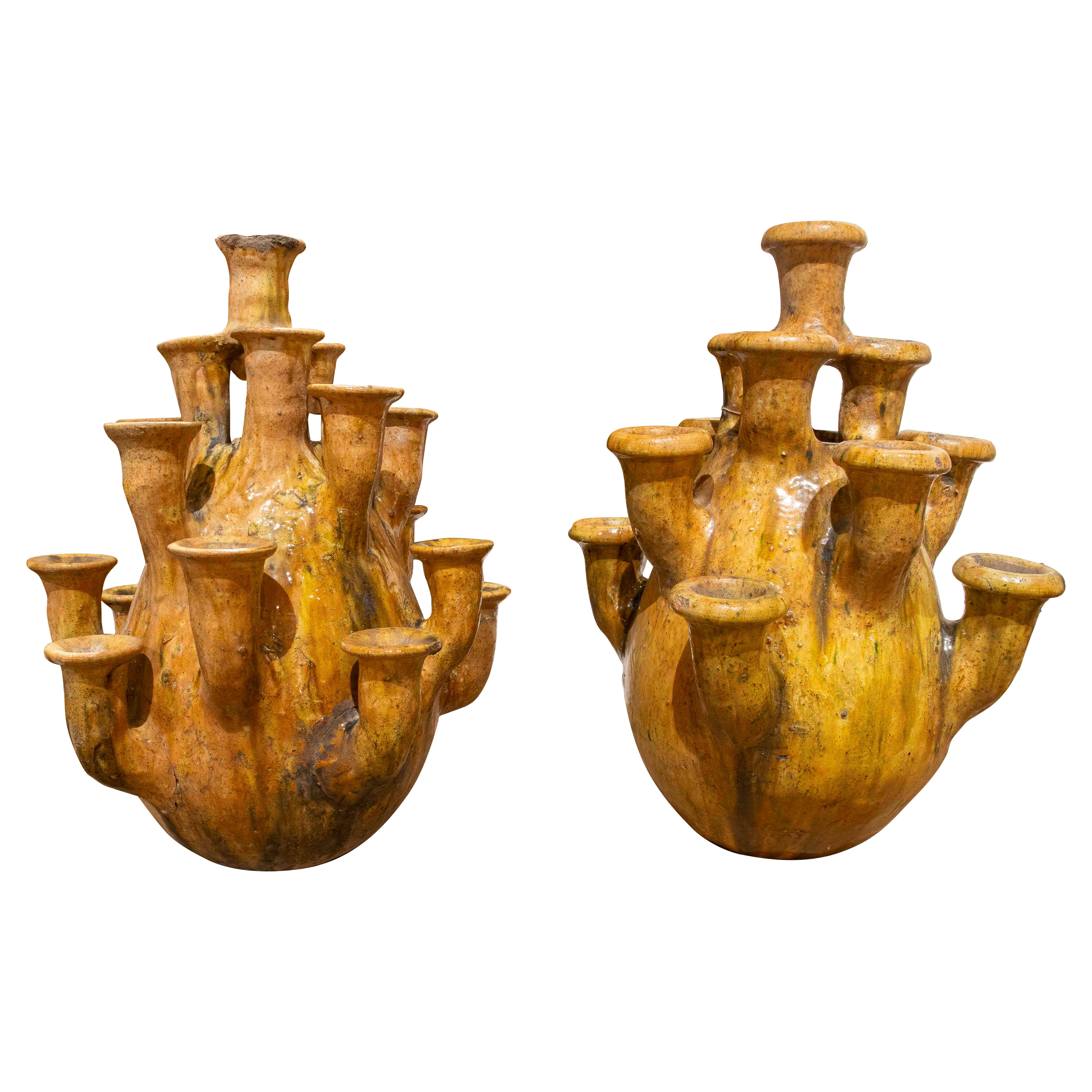 1990 Paire de vases émaillés artisanaux dans les tons jaunes