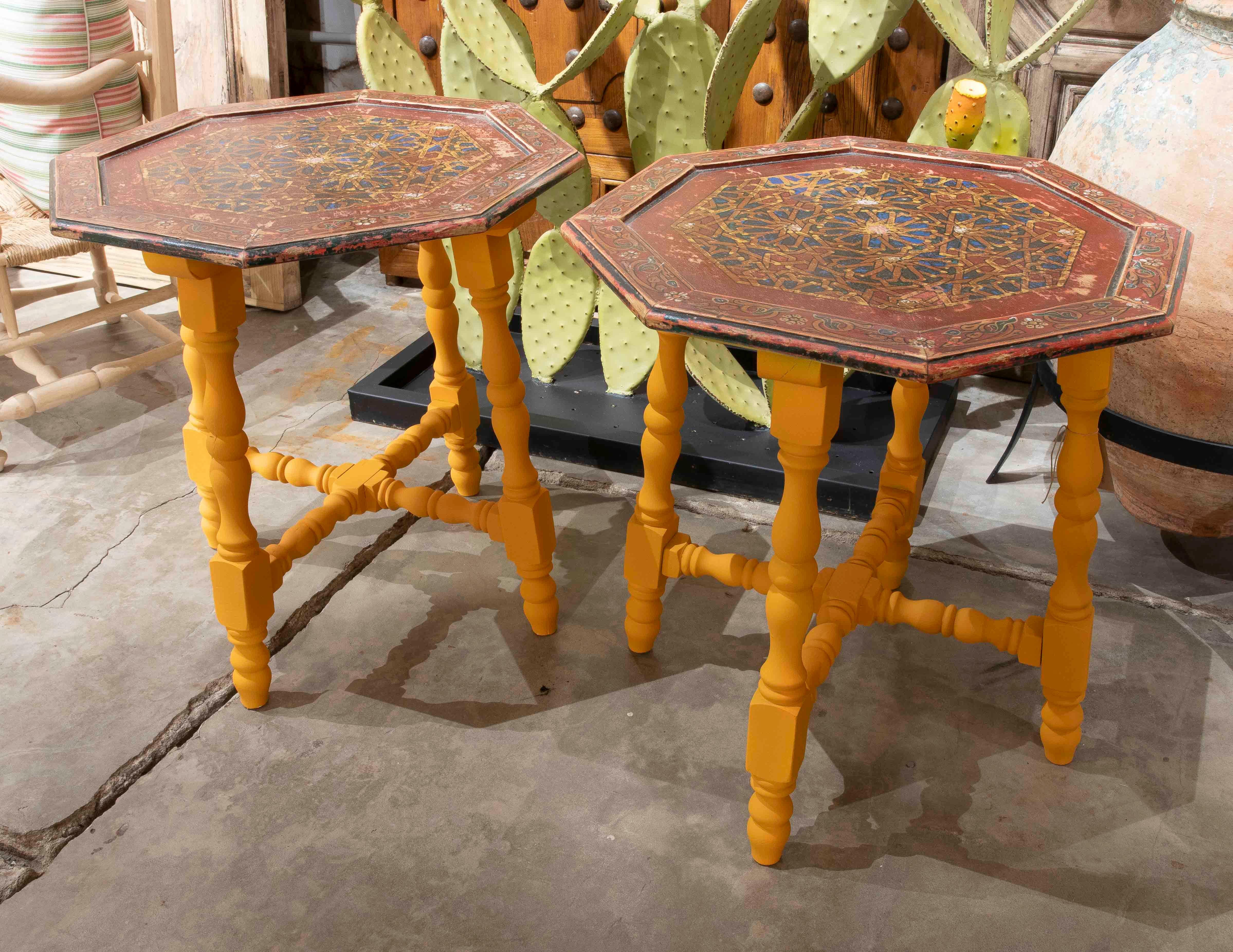 Hand-Painted 1990s Pair of Handcrafted Octagonal Tables – Traditional Mexican Design For Sale