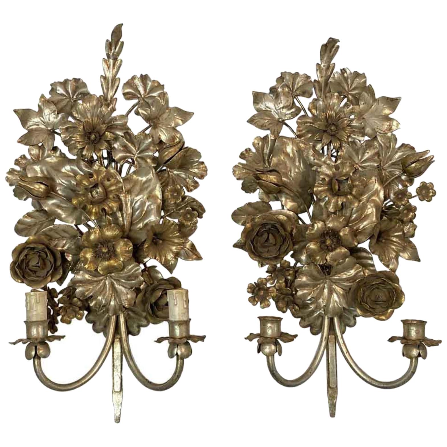 1990s Pair of Hollywood Regency Italian Wall Sconces Done in a Silver Gilt