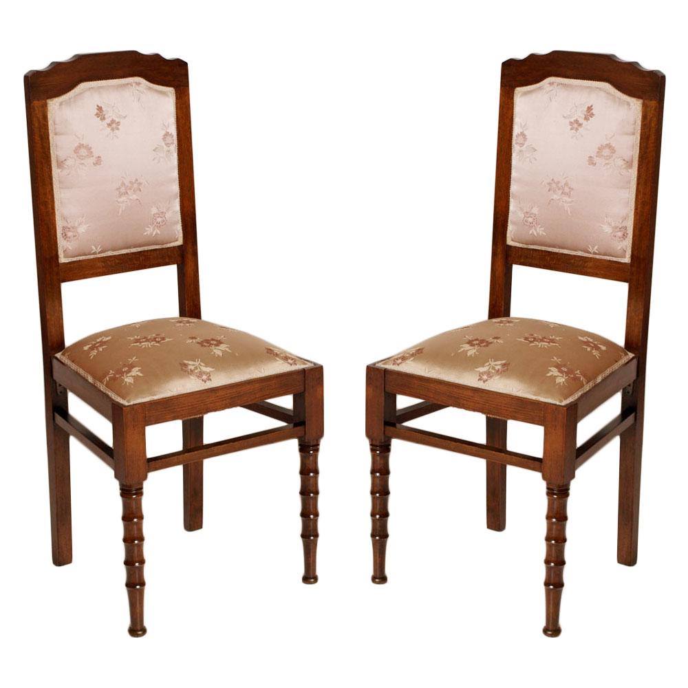 1900s Pair of Italian Art Nouveau Chairs, wax poli with Original Silk Upholstery