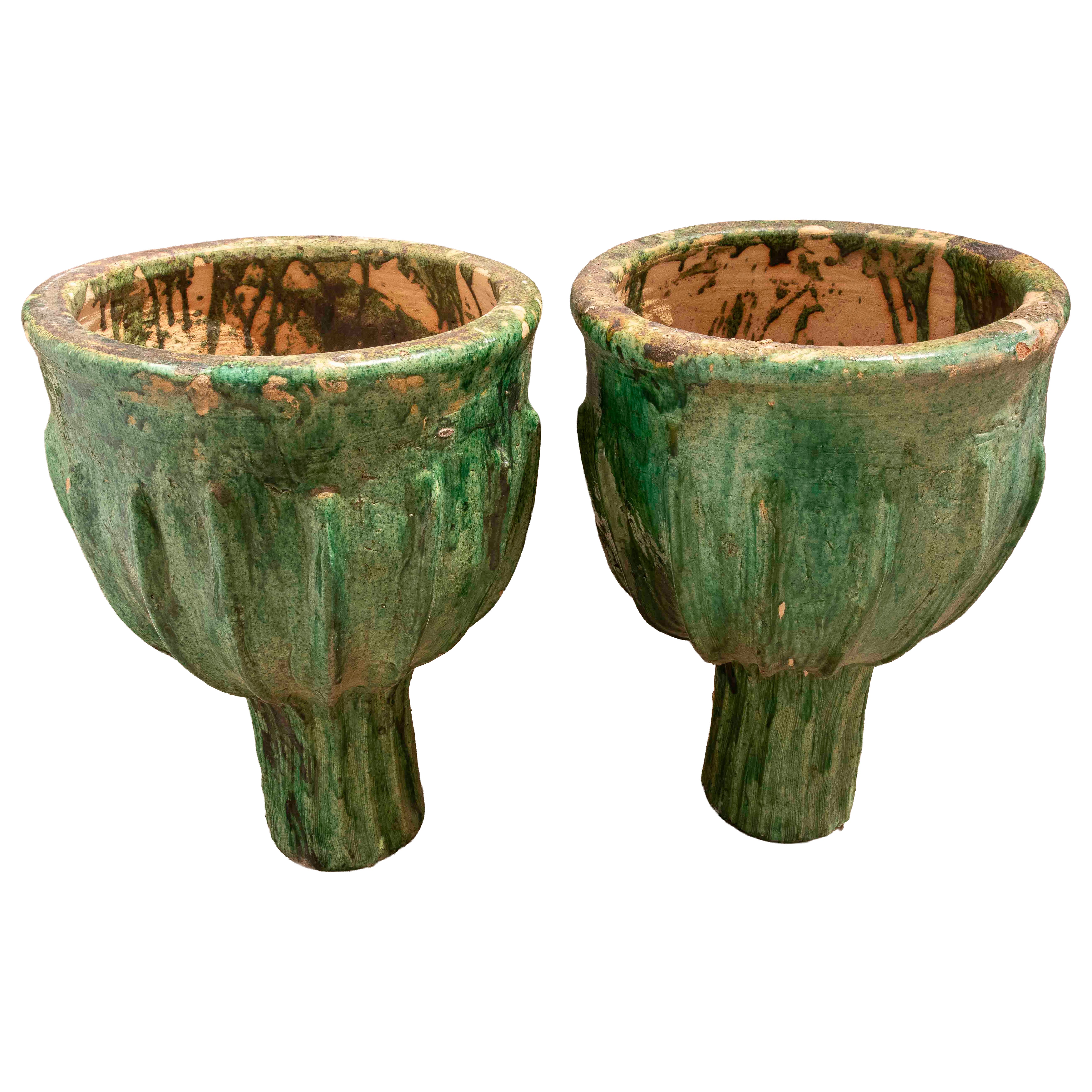 1990s Pair of Large Green Glazed Flowerpots in Antique Ceramic
