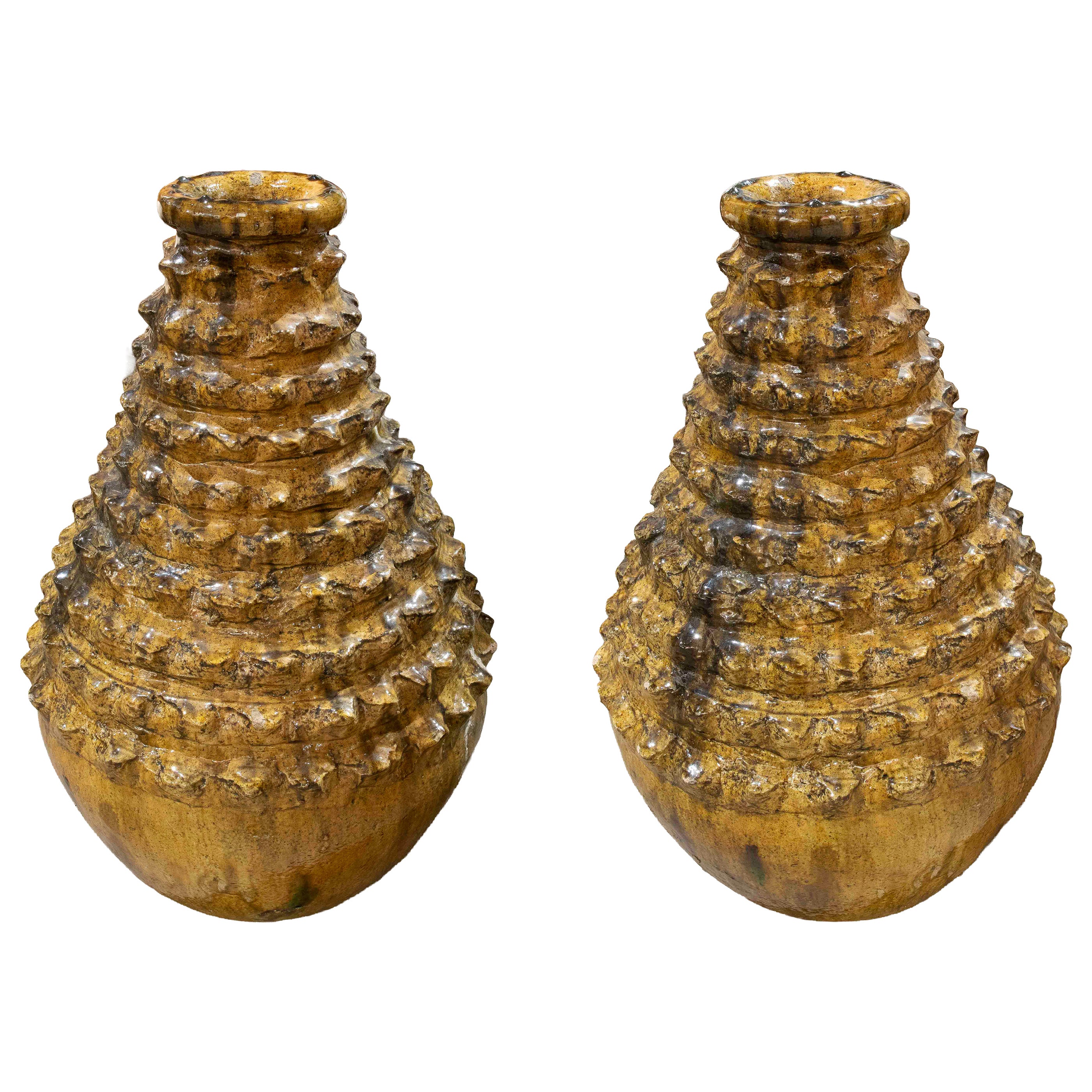 1990s Pair of Large Textured Vases Glazed in Yellow For Sale