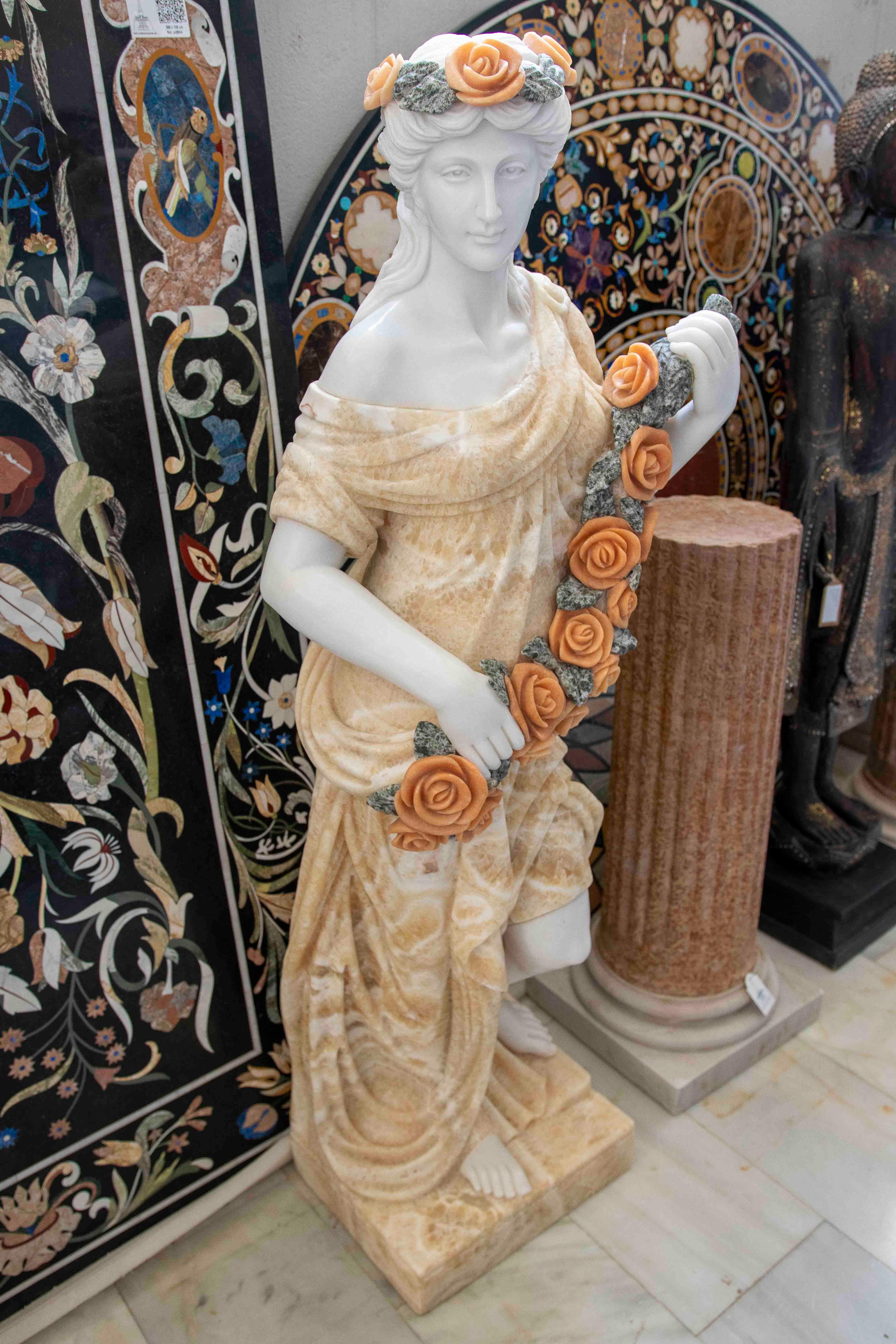 Hand-Carved 1990s Pair of Marble Sculptures Depicting Allegories of Spring For Sale