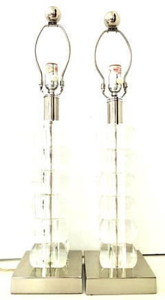 1990s Pair of Modernist Lucite Block and Chrome Table Lamps
