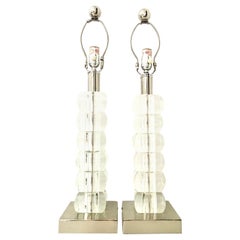 Vintage 1990s Pair of Modernist Lucite Block and Chrome Table Lamps