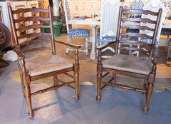 1990s Pair of Oak Chairs with Arms and Natural Fiber Mesh Seat