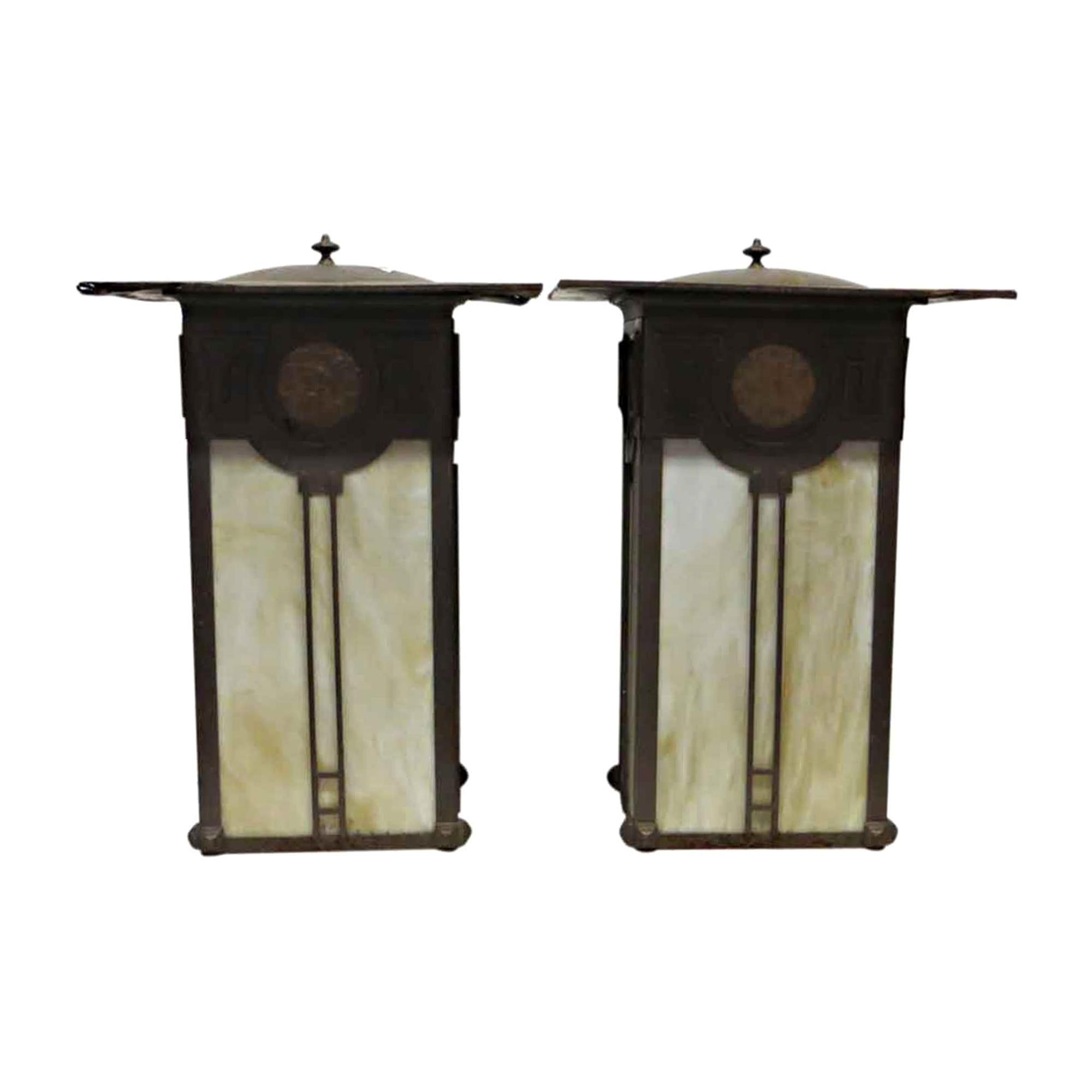 1990s Pair of Open Back Arts & Crafts Outdoor Sconces with Stained Amber Glass