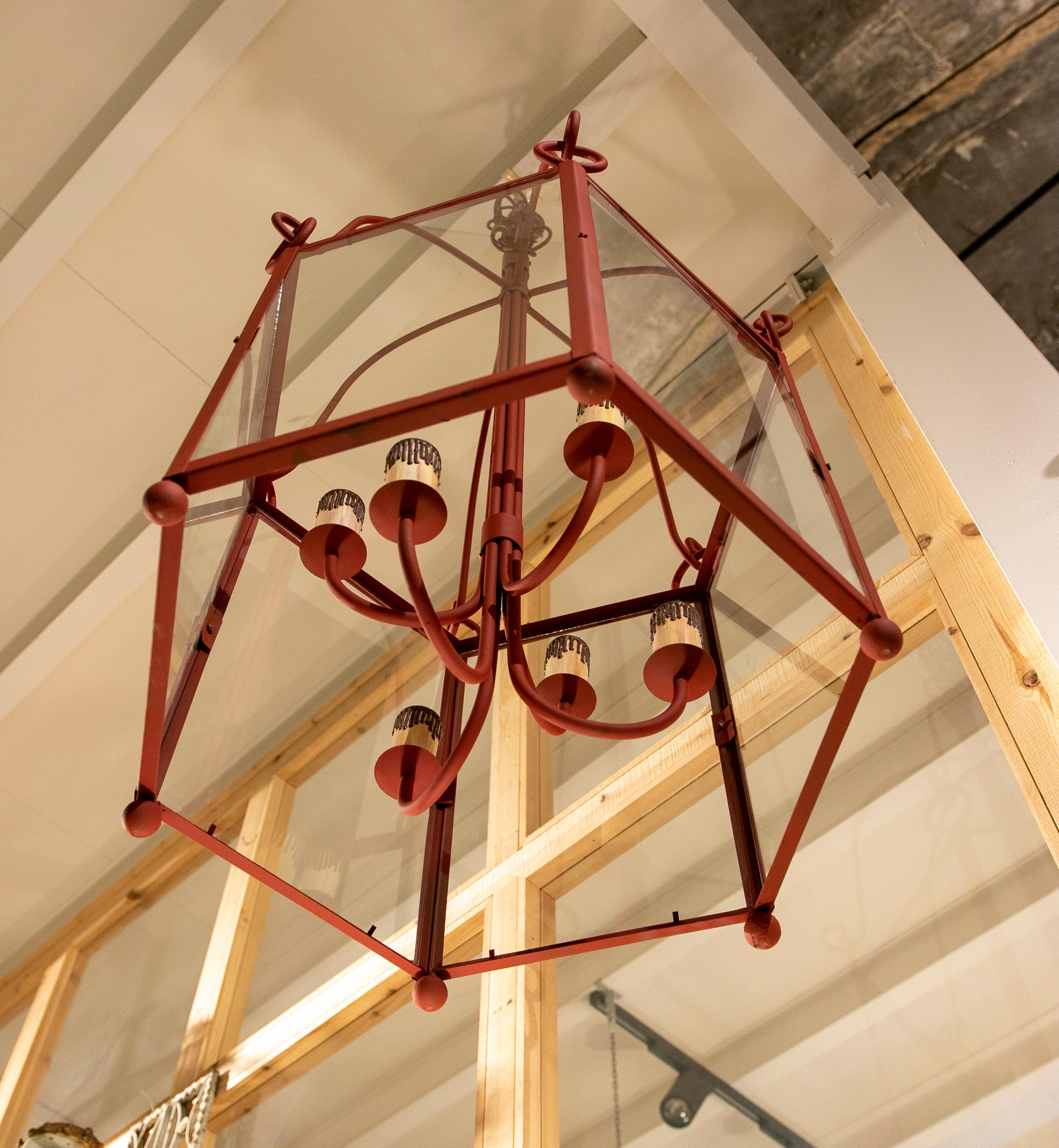 1990s Pair of Painted in Red Iron Lanterns with Glass 5