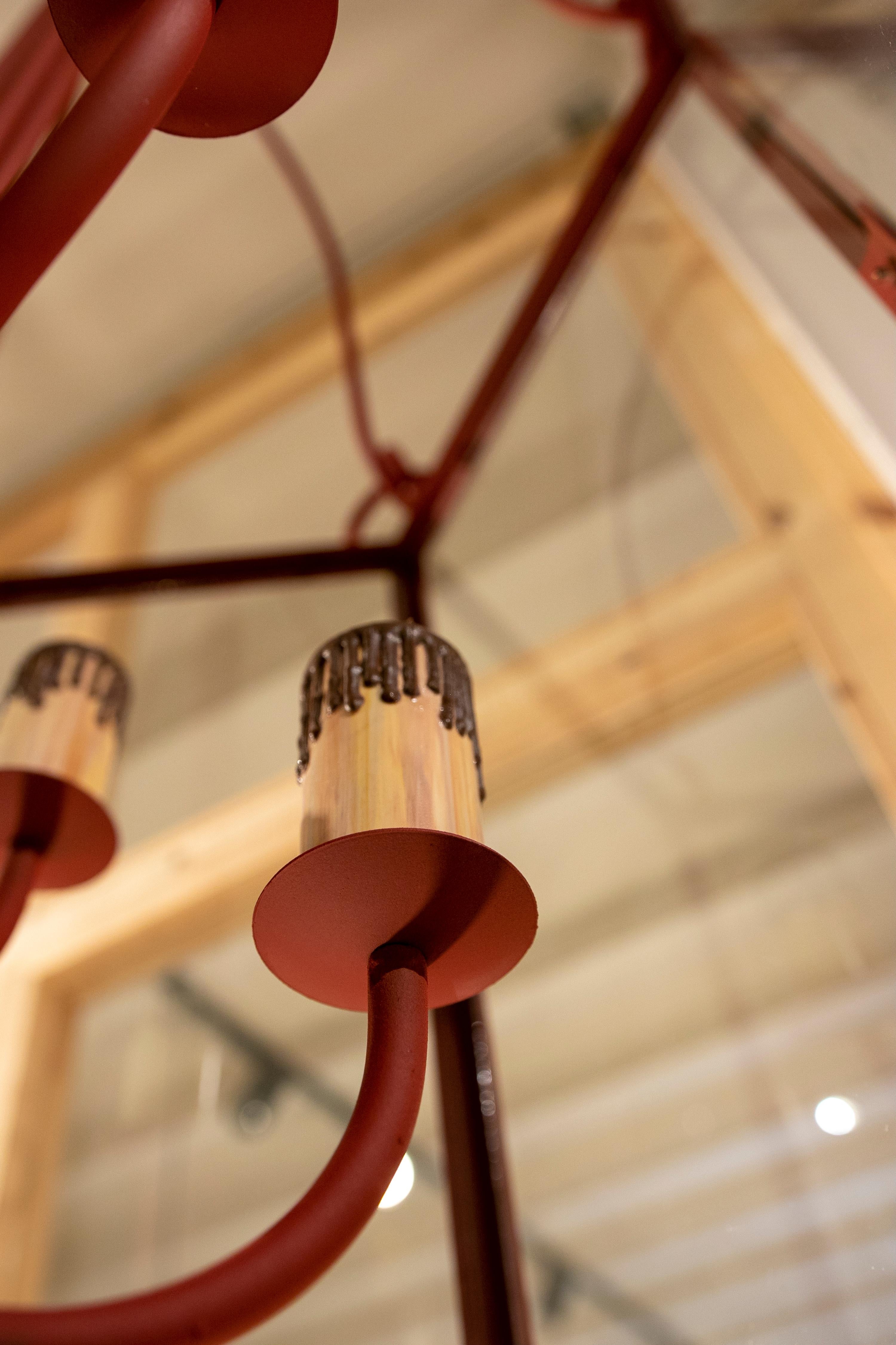 1990s Pair of Painted in Red Iron Lanterns with Glass 6