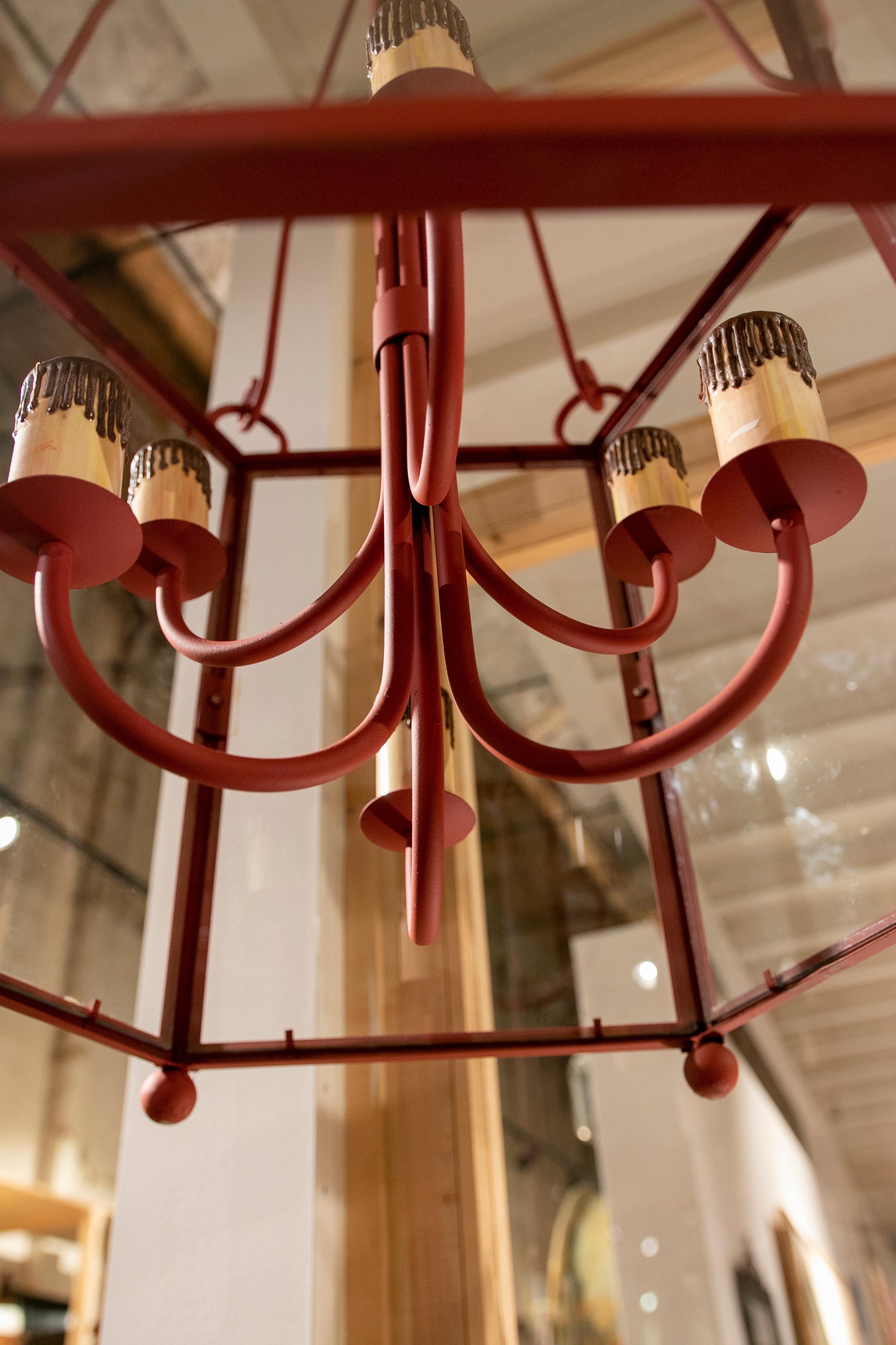 1990s Pair of Painted in Red Iron Lanterns with Glass 8