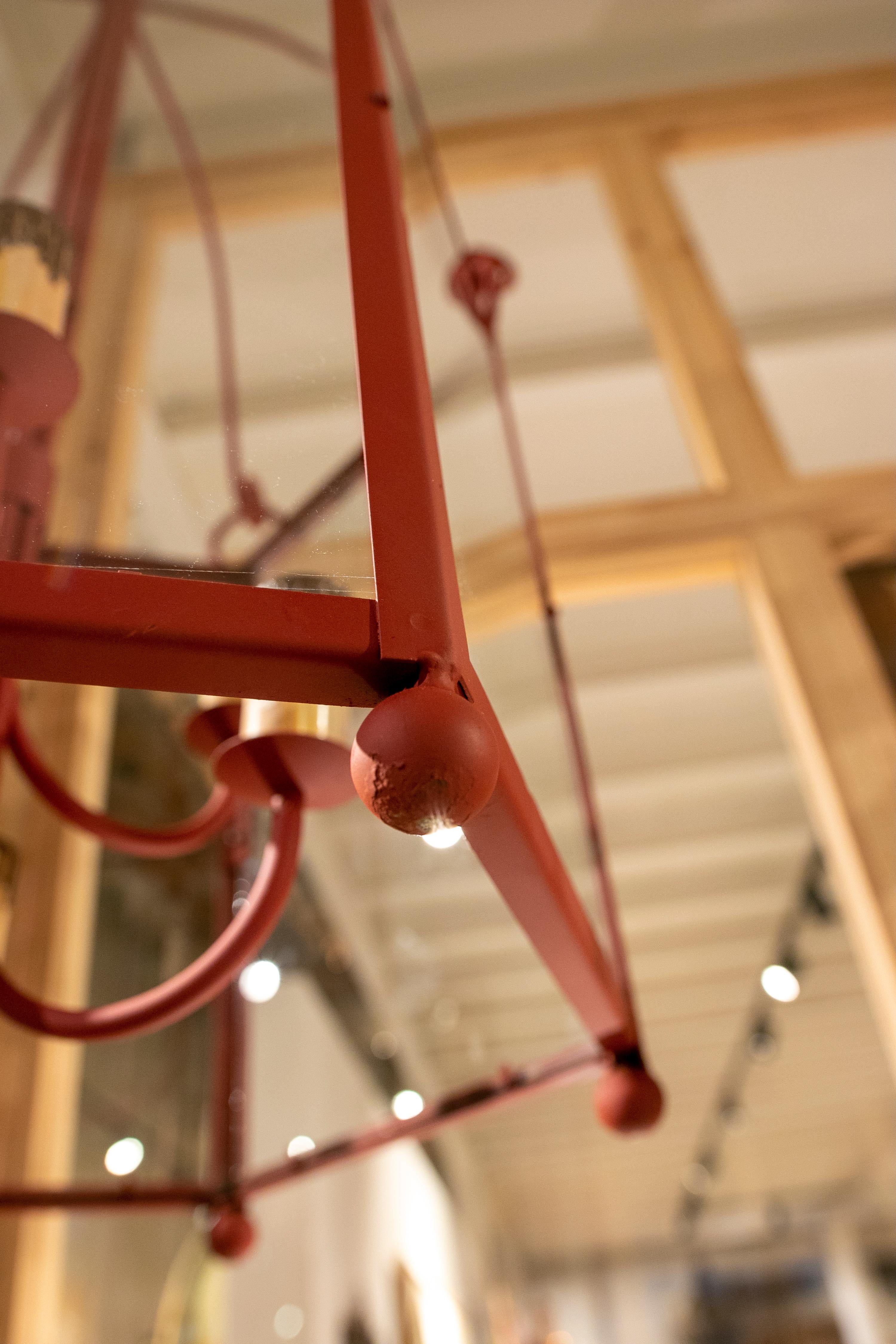 1990s Pair of Painted in Red Iron Lanterns with Glass 9