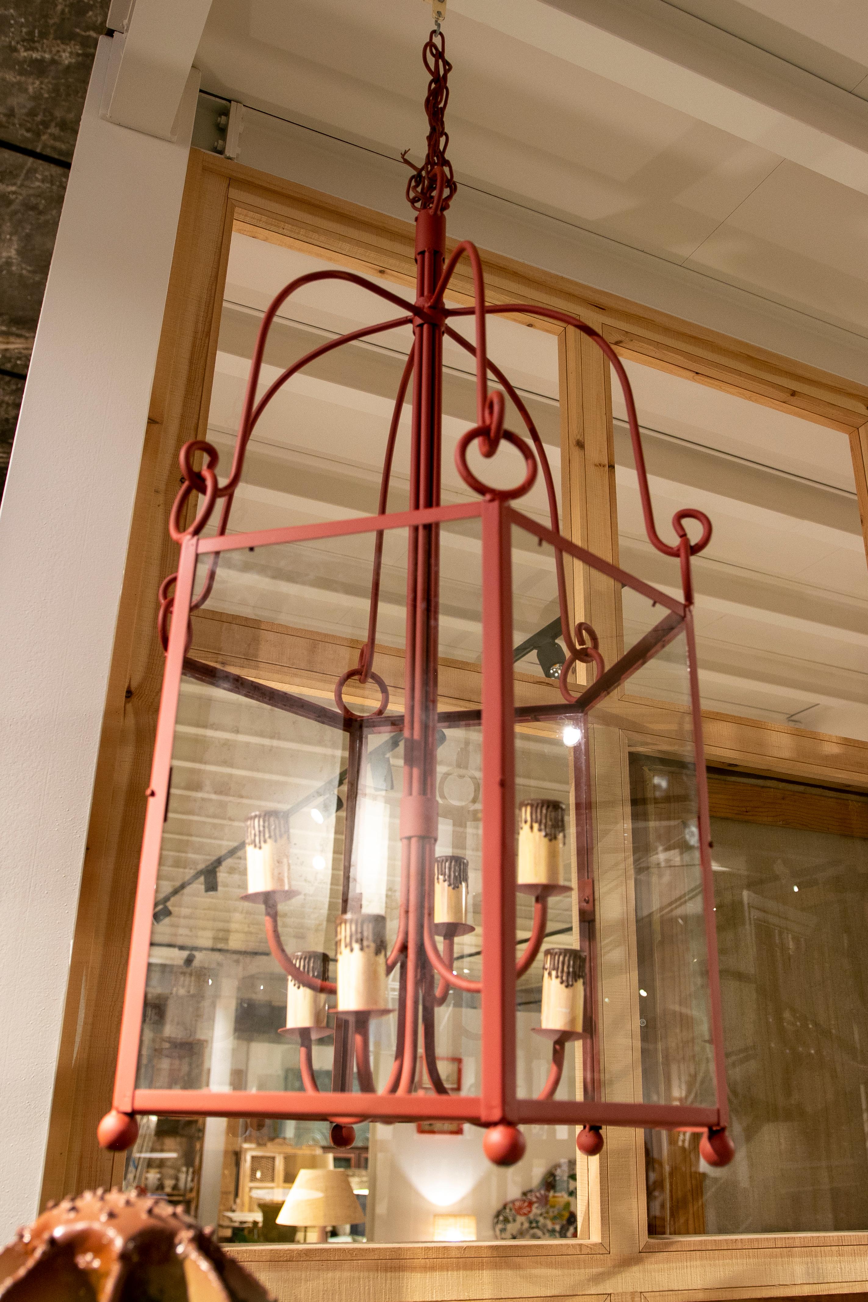 Spanish 1990s Pair of Painted in Red Iron Lanterns with Glass