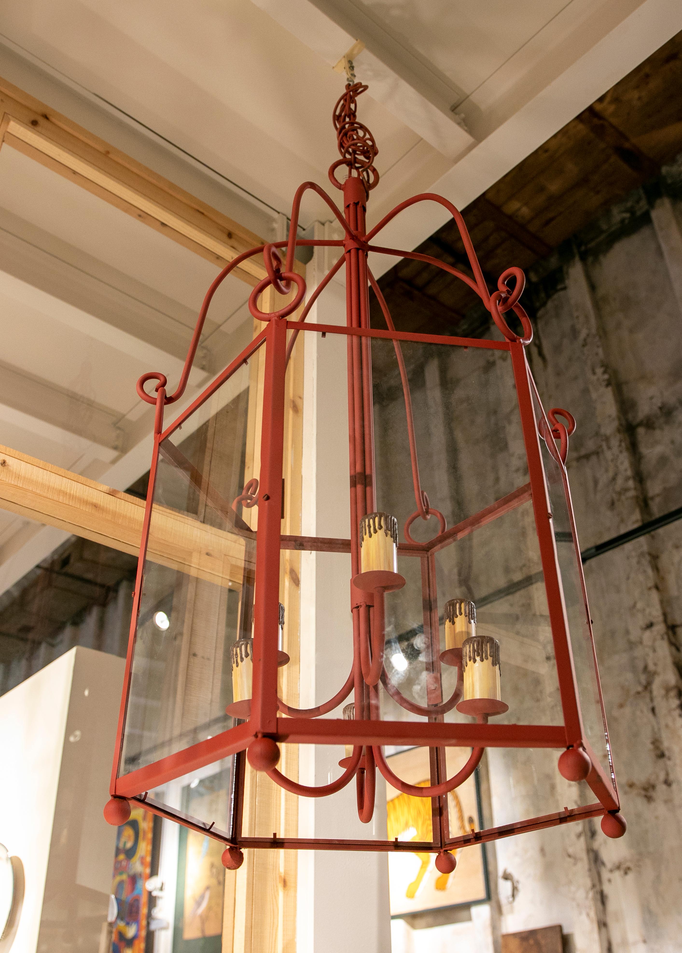 1990s Pair of Painted in Red Iron Lanterns with Glass In Good Condition In Marbella, ES