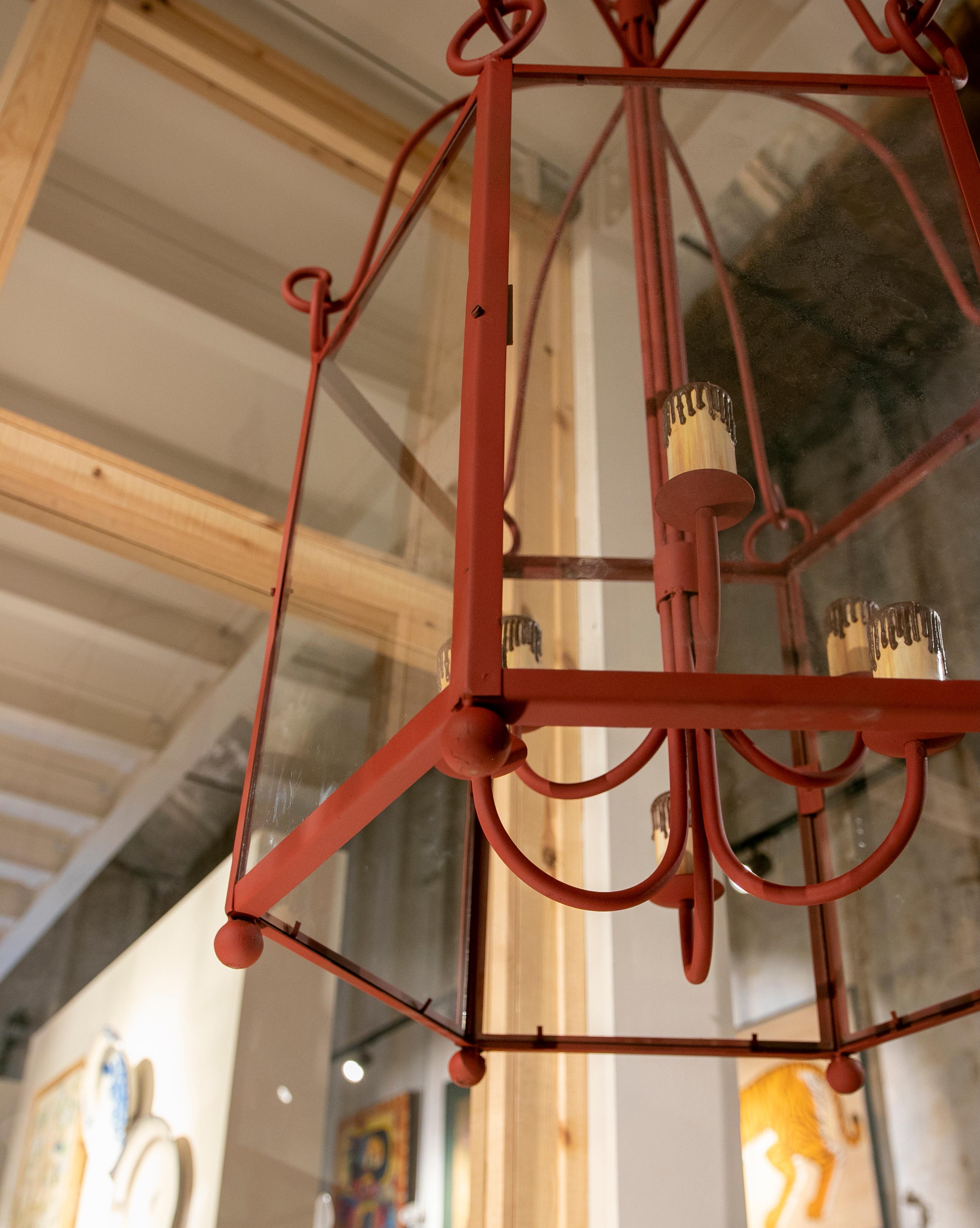 20th Century 1990s Pair of Painted in Red Iron Lanterns with Glass
