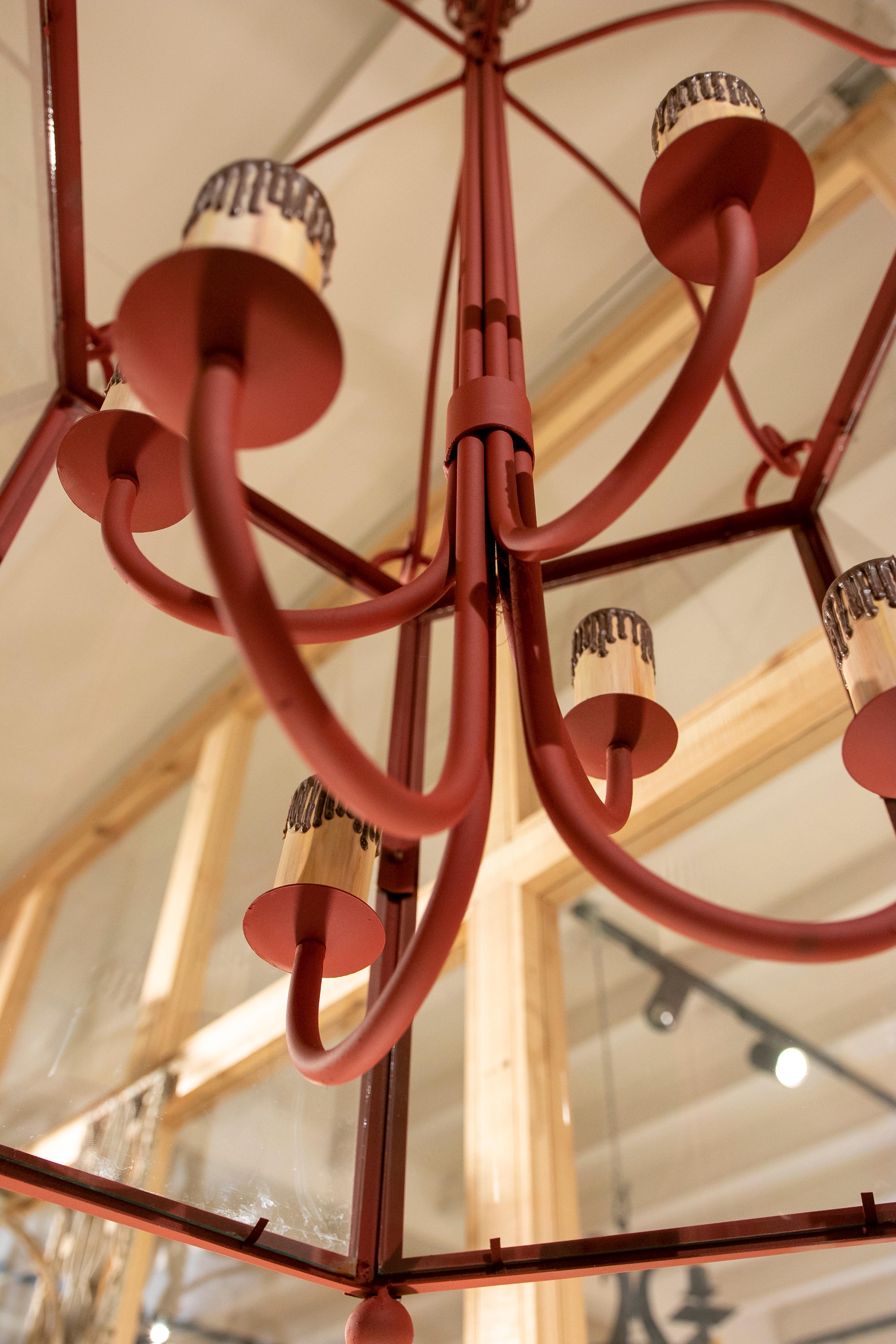 1990s Pair of Painted in Red Iron Lanterns with Glass 1