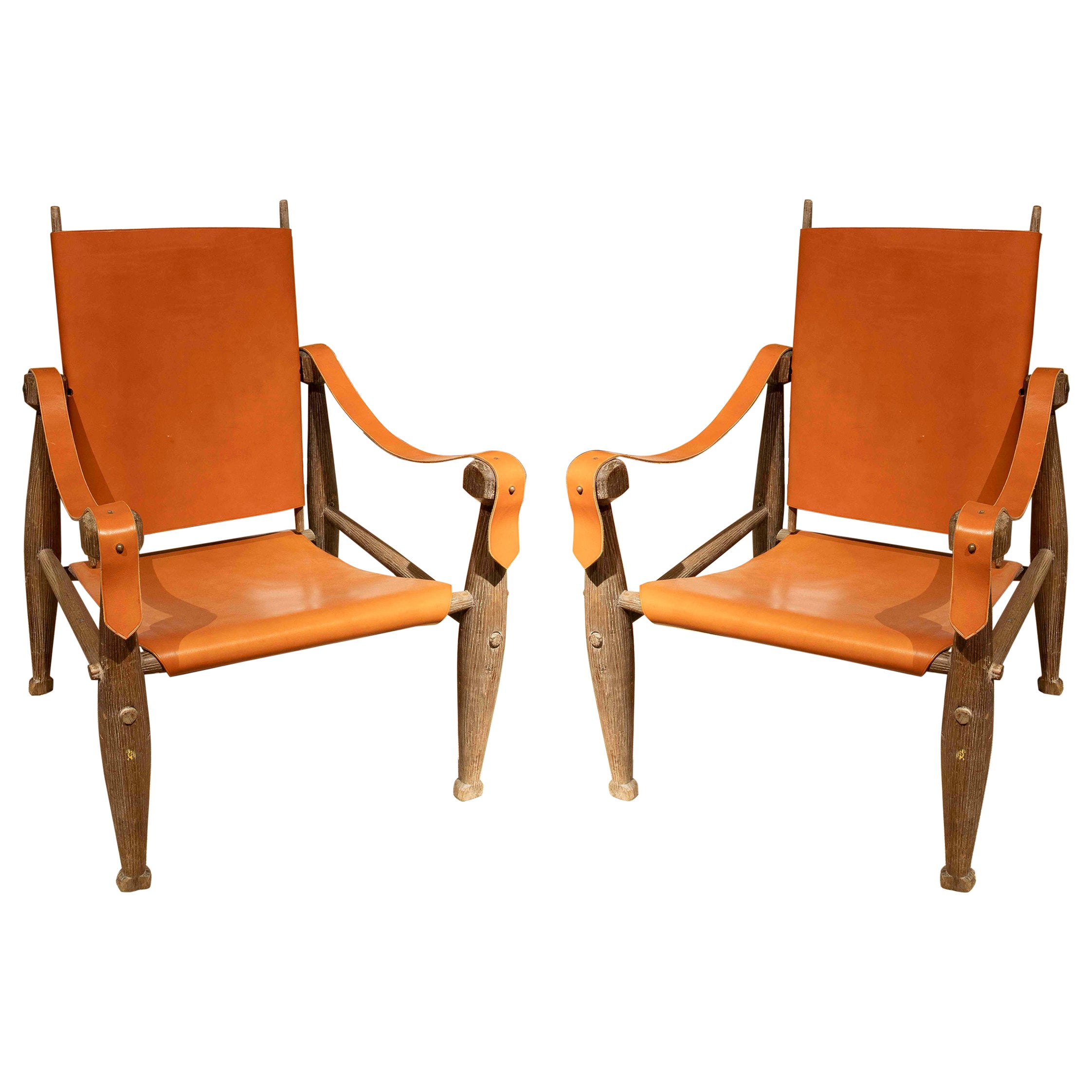 Anni 
90 Coppia di poltrone Safari in pelle e legno in stile scandinavo in vendita