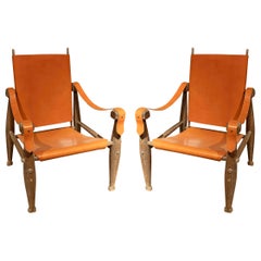 1990 Paire de fauteuils Safari en cuir et Wood Wood de style scandinave